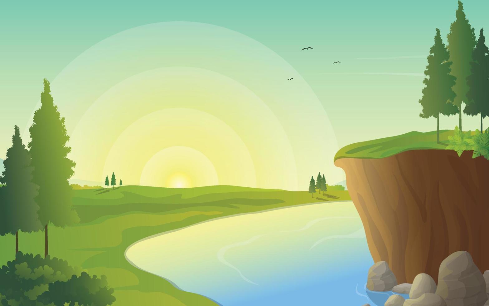 paisaje natural de la vista de la orilla del río durante la ilustración del amanecer vector