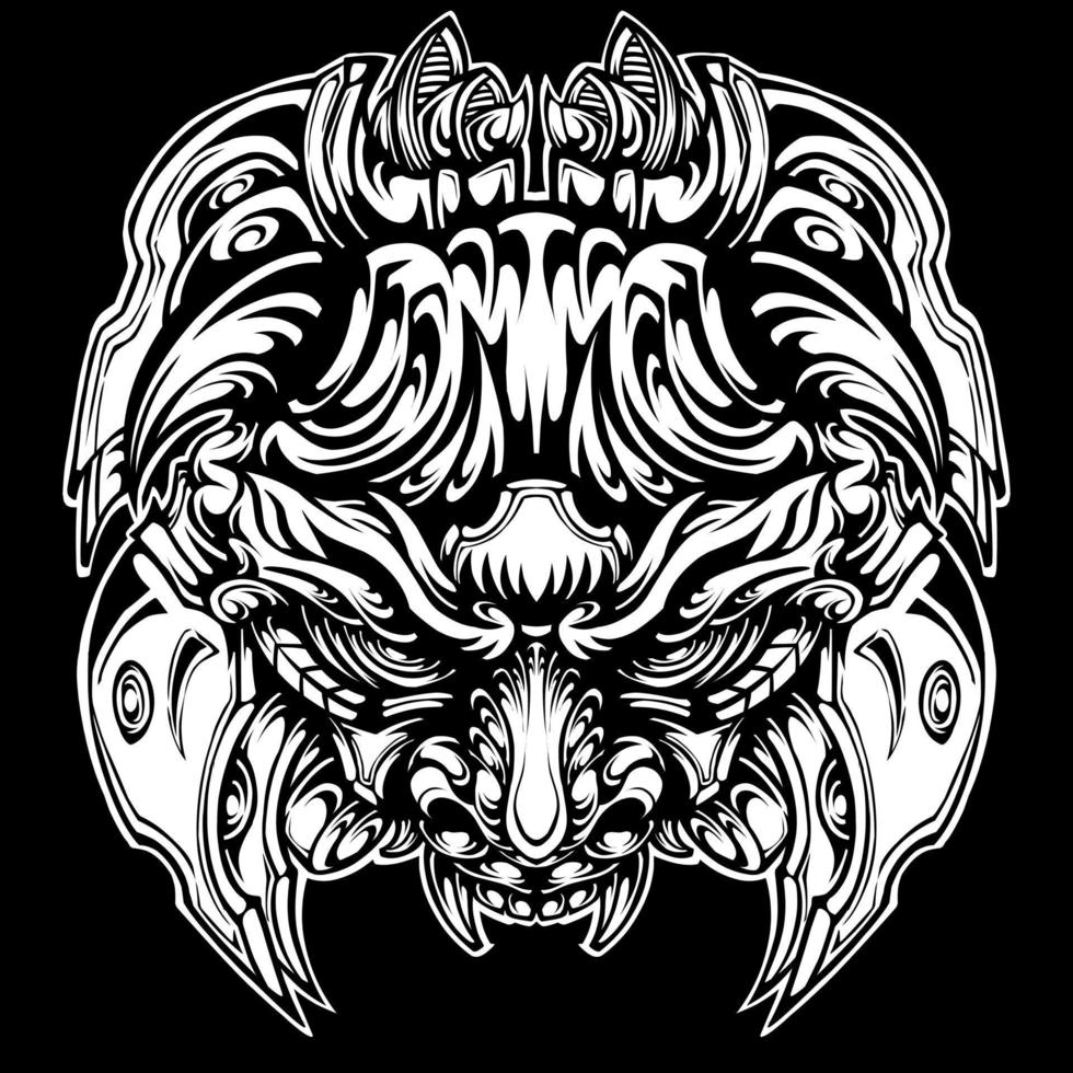 diseño de tatuaje de máscara oni aislado en negro vector