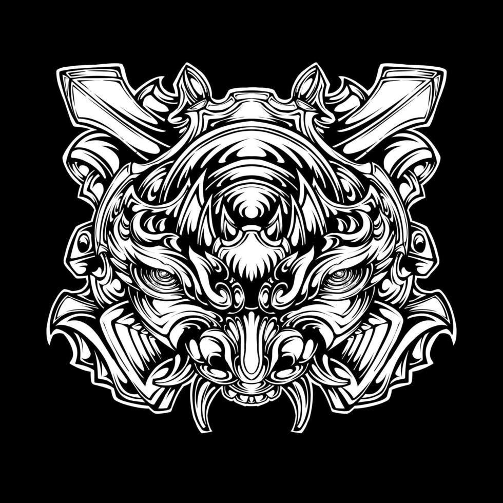 diseño de tatuaje de máscara oni aislado en negro vector