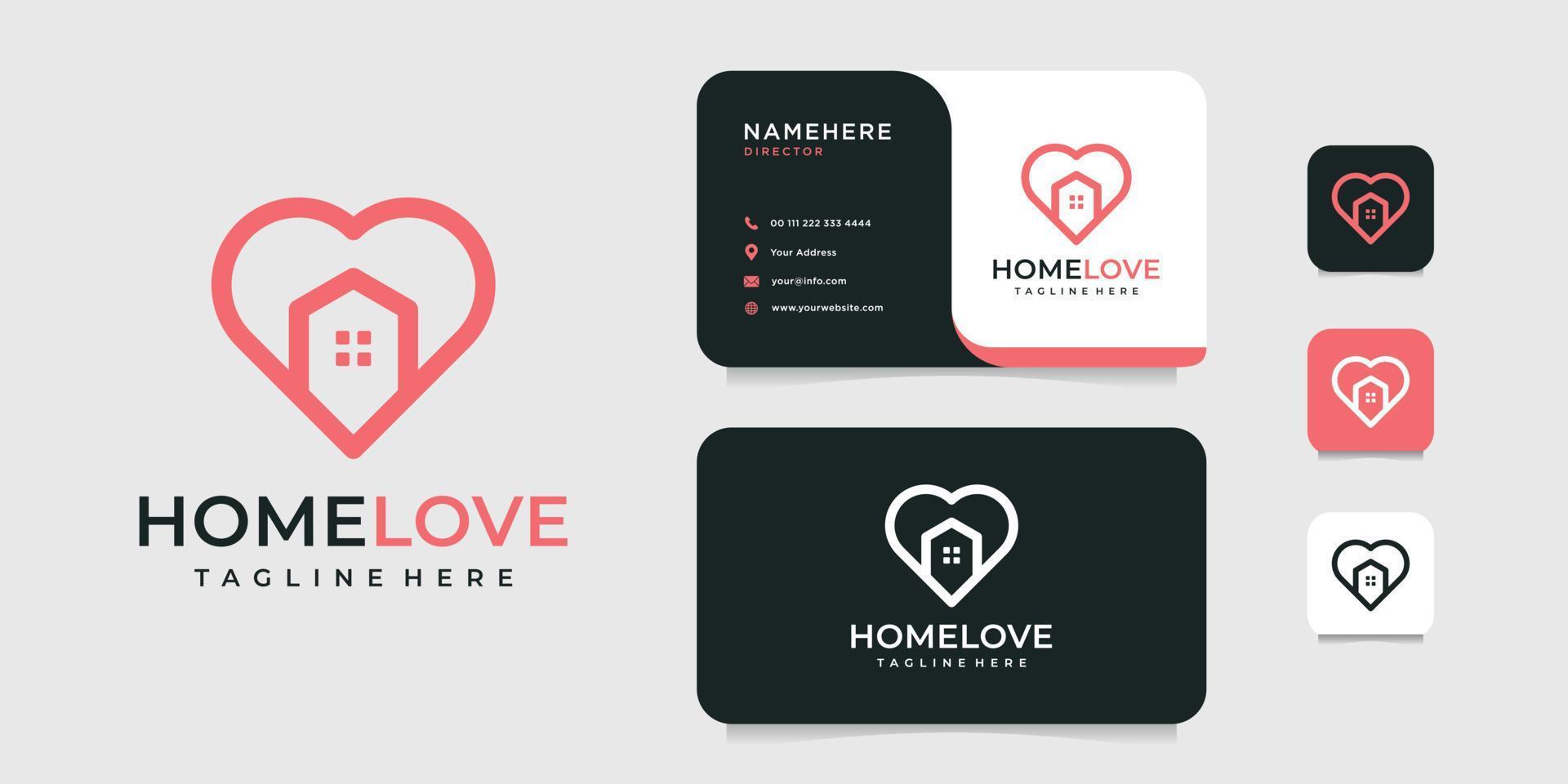 diseño inspirador de logotipo de amor en casa con plantilla de tarjeta de visita. el logotipo se puede utilizar para icono, marca, identidad, creatividad, monograma, casa, edificio, bienes raíces, san valentín y empresa comercial vector