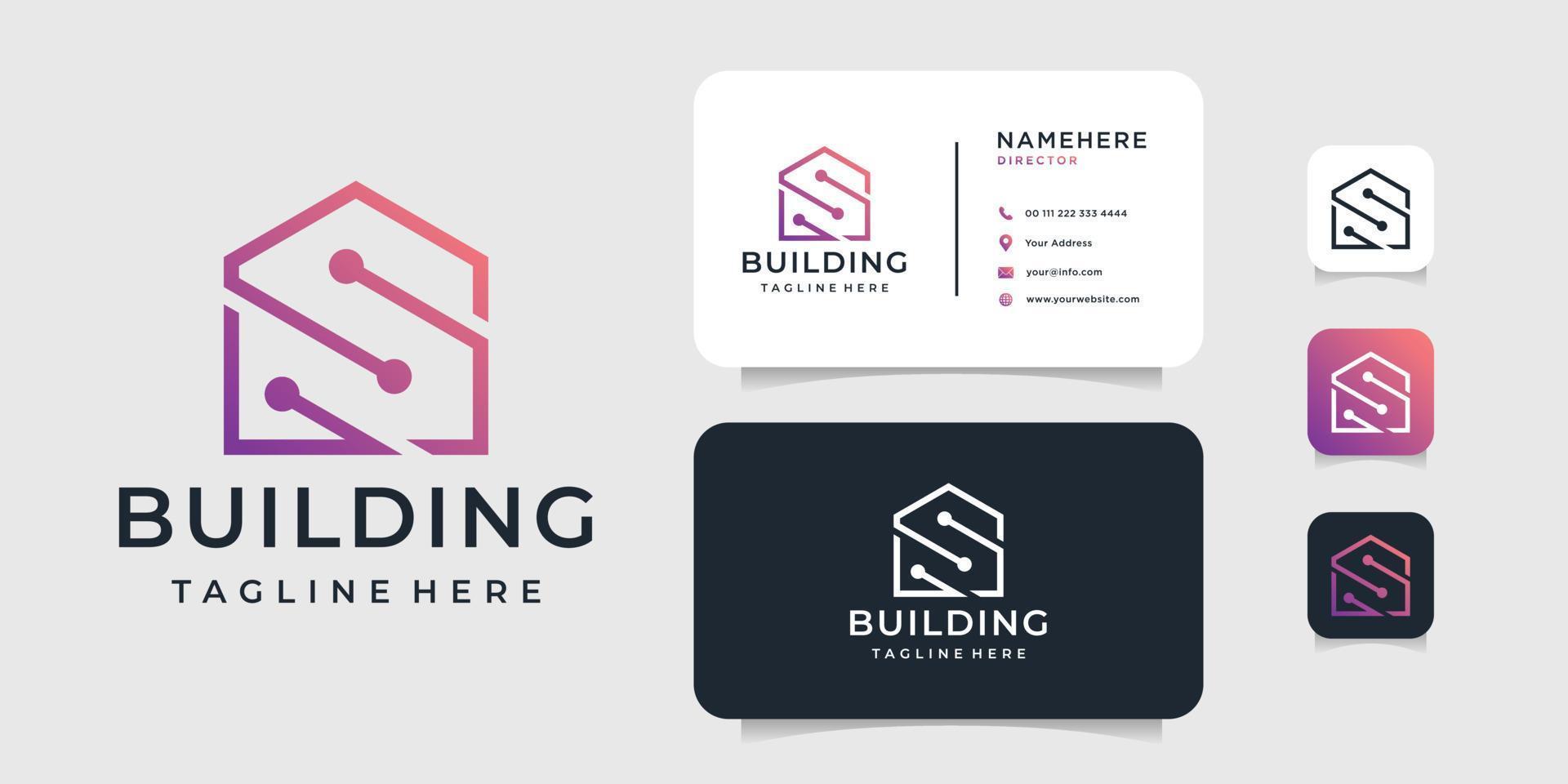 tecnología moderna construcción creativa logotipo de bienes raíces y plantilla de diseño de vector de tarjeta de visita