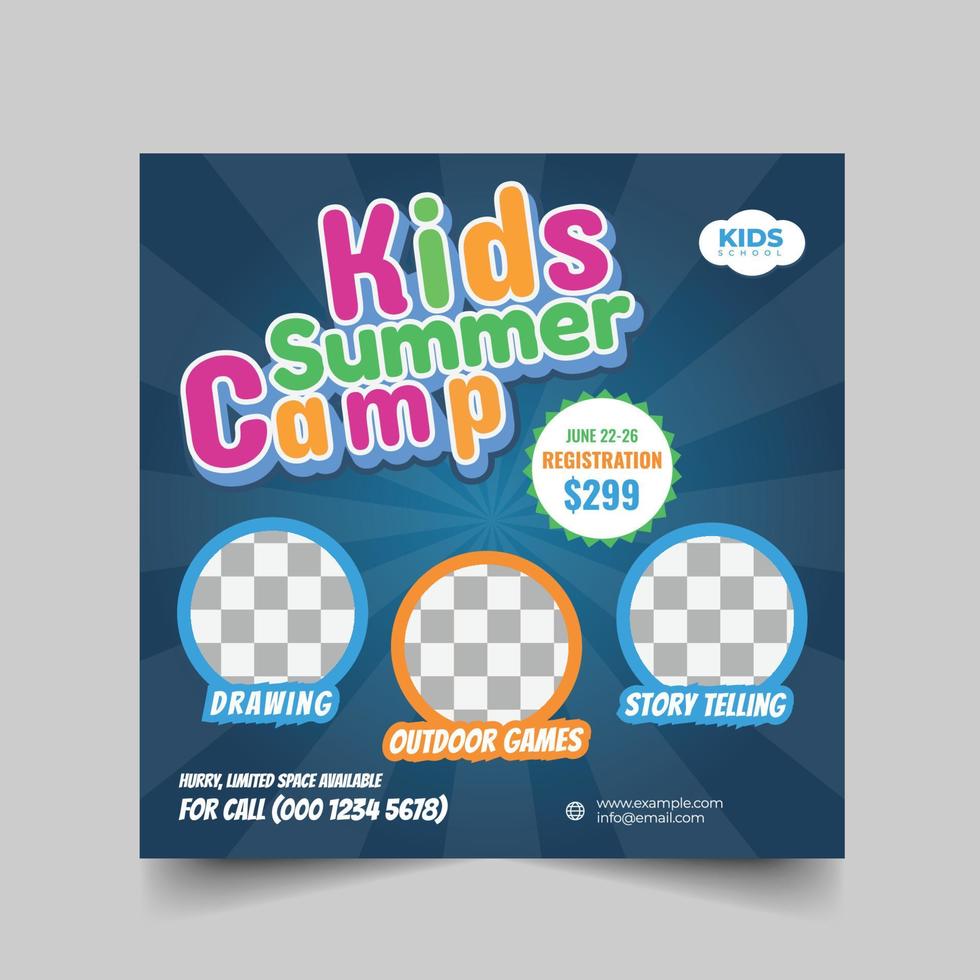 campamento de verano para niños diseño de publicaciones en redes sociales. plantilla de diseño de banner web de camping para niños modernos vector