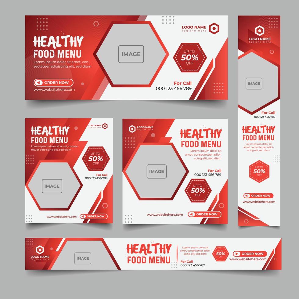 Food banner design set of different sizes with diagonal red elements and a place for photos. vector