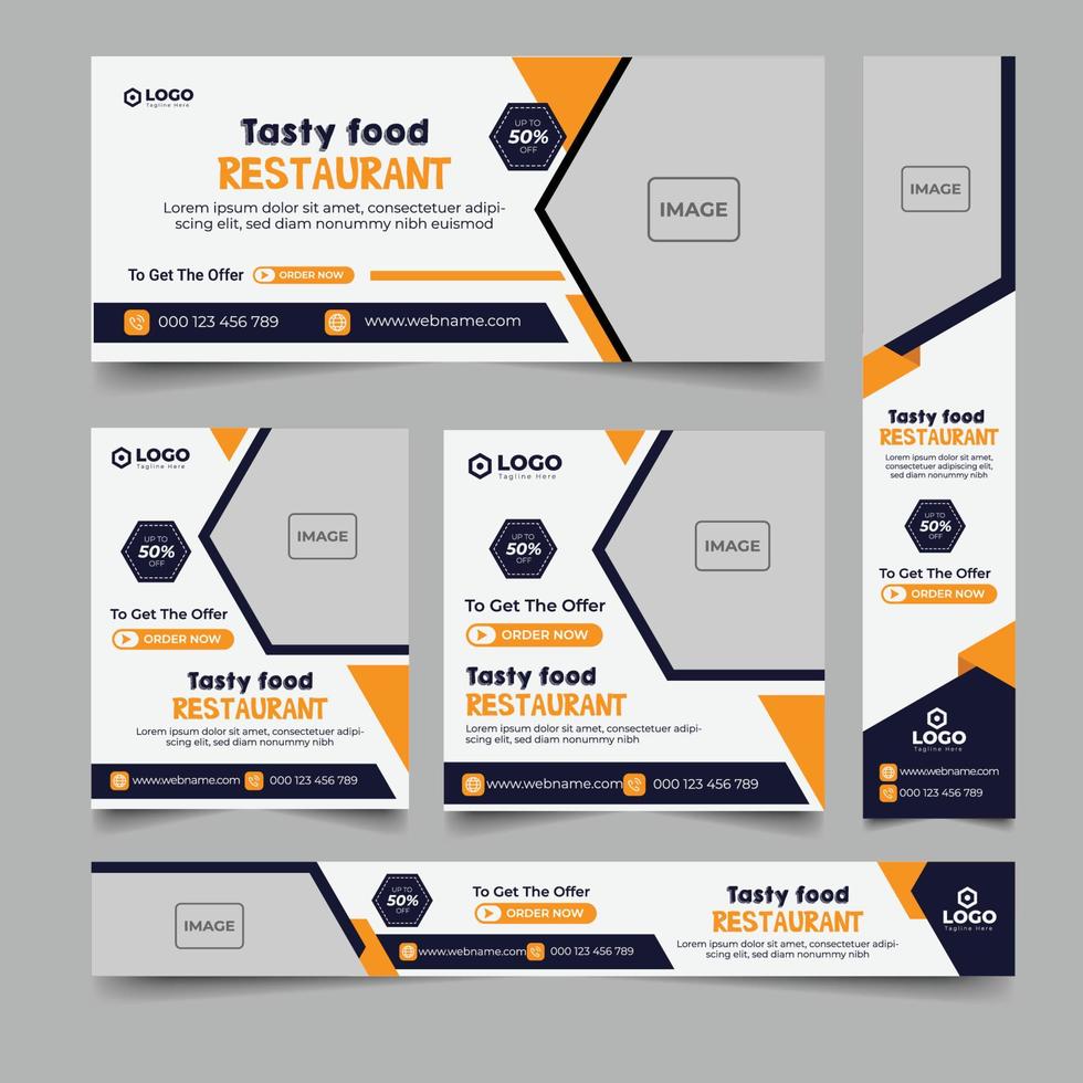 conjunto de diseño de pancartas de alimentos de diferentes tamaños con elementos rojos diagonales y un lugar para fotos. vector