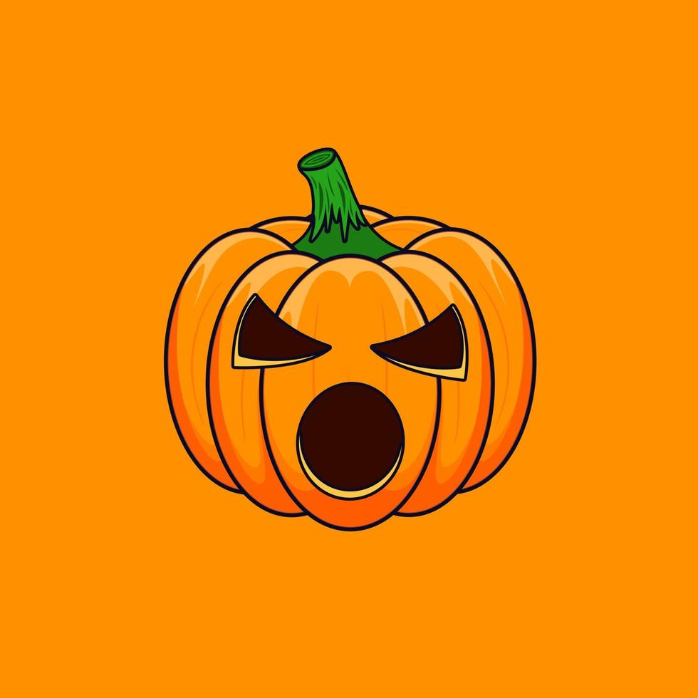 Halloween Cartoon Outline Pumpkin isolated on orange background. The main symbol of the Happy Halloween holiday. Orange spooky pumpkin with scary smile holiday Halloween. vector