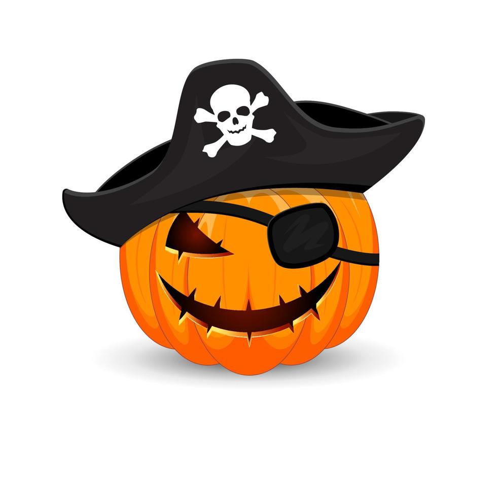 pirata de calabaza de halloween aislado sobre fondo blanco. el símbolo principal de la feliz fiesta de halloween. calabaza espeluznante pirata naranja con sonrisa aterradora vacaciones halloween. vector