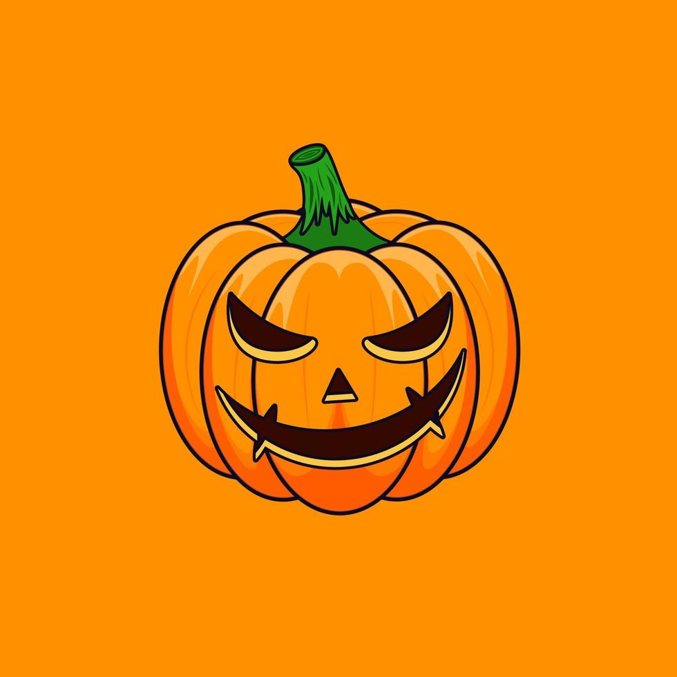 Halloween Cartoon Outline Pumpkin isolated on orange background. The main symbol of the Happy Halloween holiday. Orange spooky pumpkin with scary smile holiday Halloween. vector