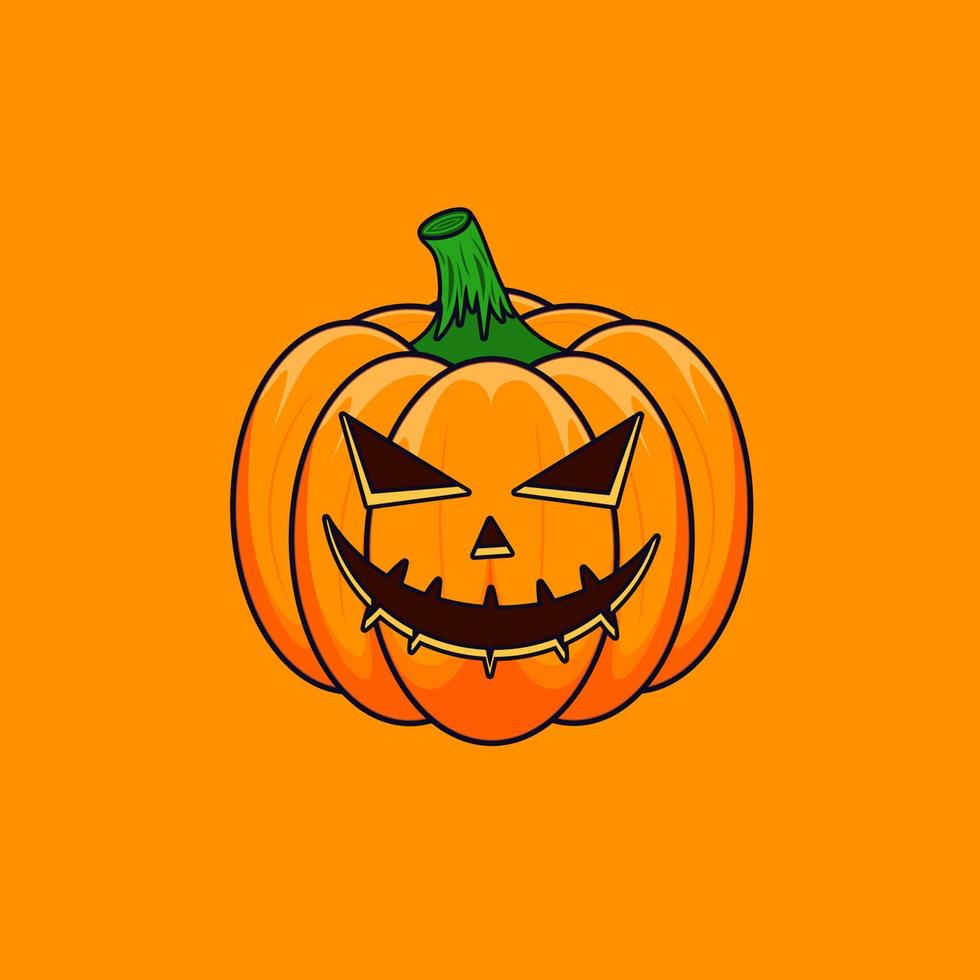 Halloween Cartoon Outline Pumpkin isolated on orange background. The main symbol of the Happy Halloween holiday. Orange spooky pumpkin with scary smile holiday Halloween. vector