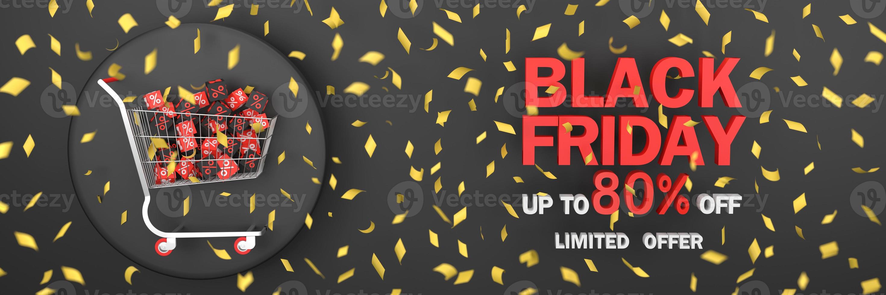 Celebrate Black Friday with supermarket cart and balloons on a black background. photo