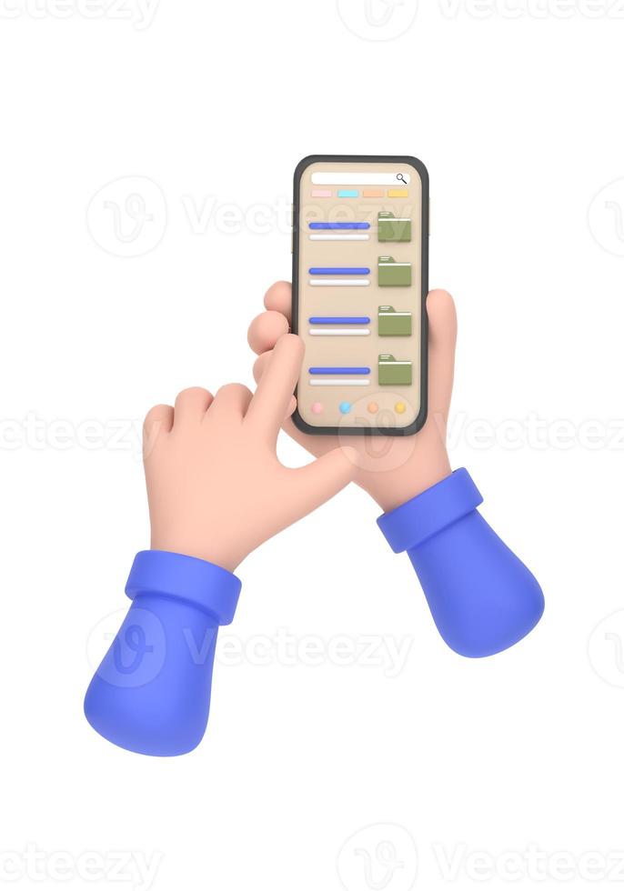 File download button on smartphone screen. Hand holds smartphone, finger touches button. photo
