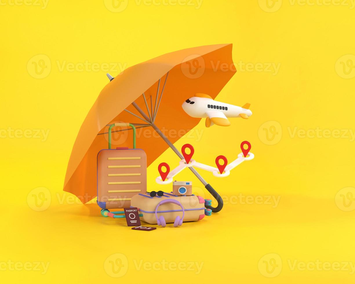 Travel insurance business concept. yellow umbrella cover airplane and suitcases. photo