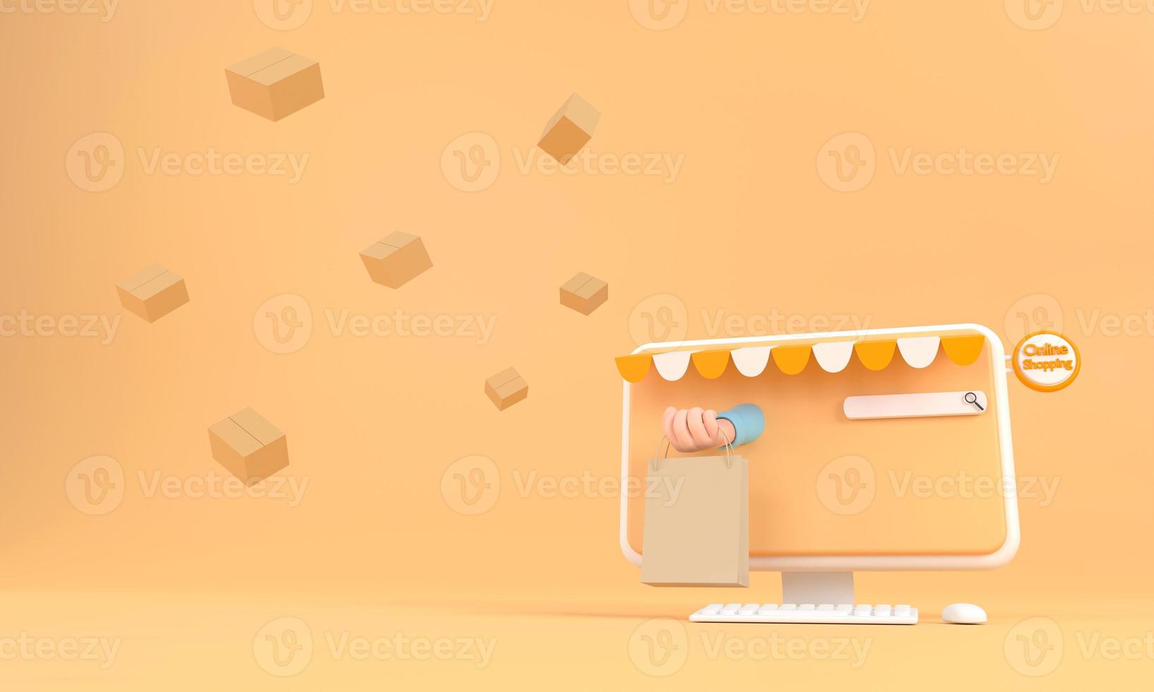 Cartoon e-commerce or online shopping concept with hands reaching out of a computer screen photo