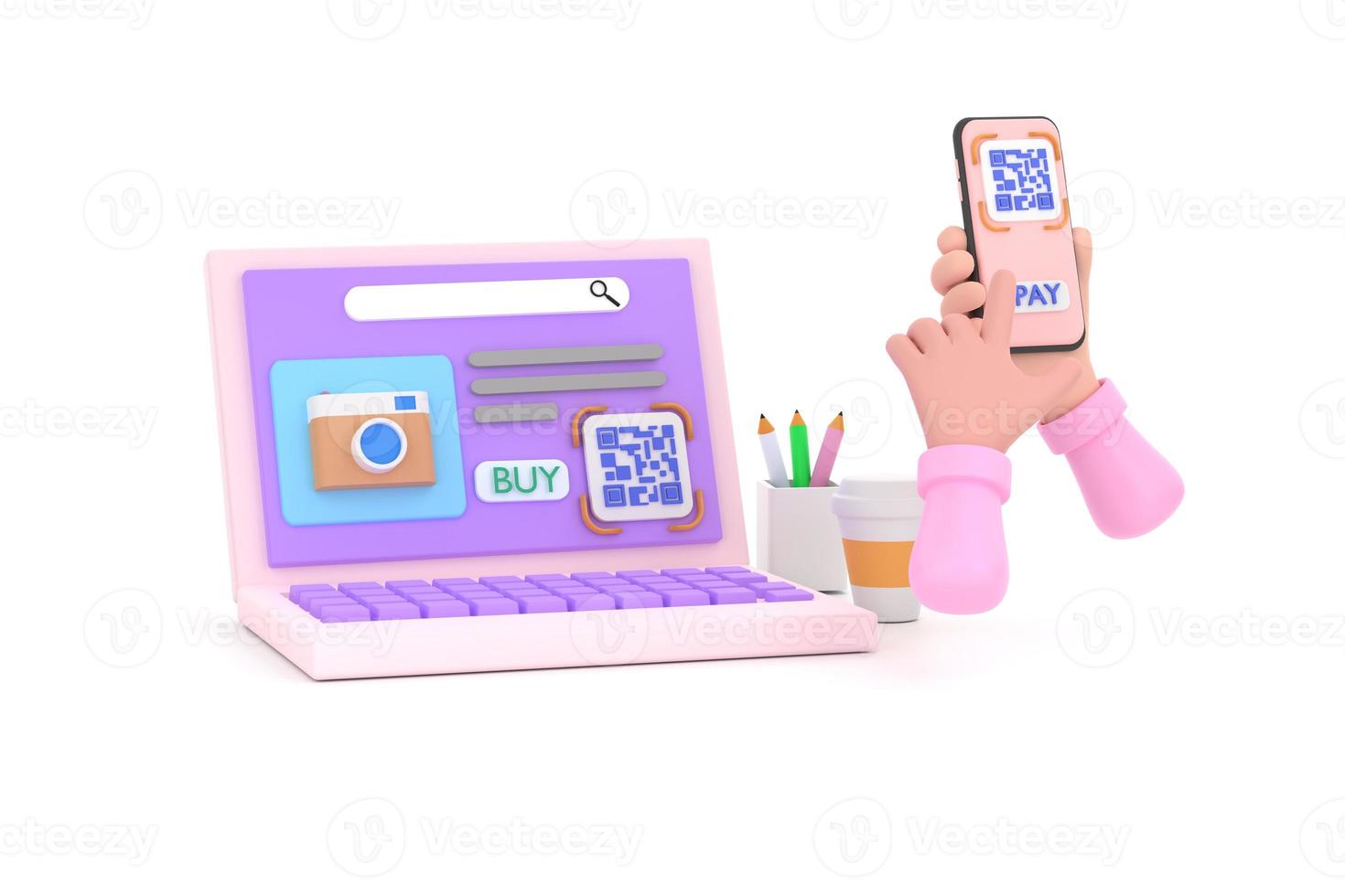 hand smartphone to make mobile wallet payment via QR code scanning digital invoice from computer screen. photo