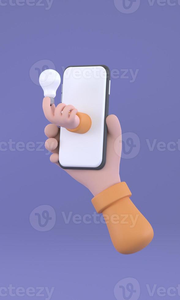 business, technology, startup, idea and people concept. hand holding smartphone with light bulb icon photo