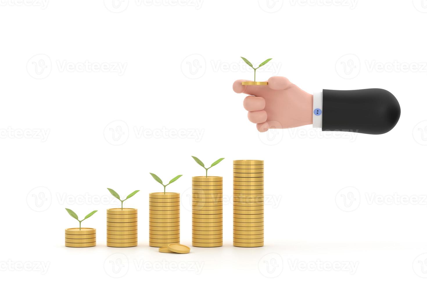 3D. tree growing from pile of coins. Concept of money plant growing from coins in hand photo