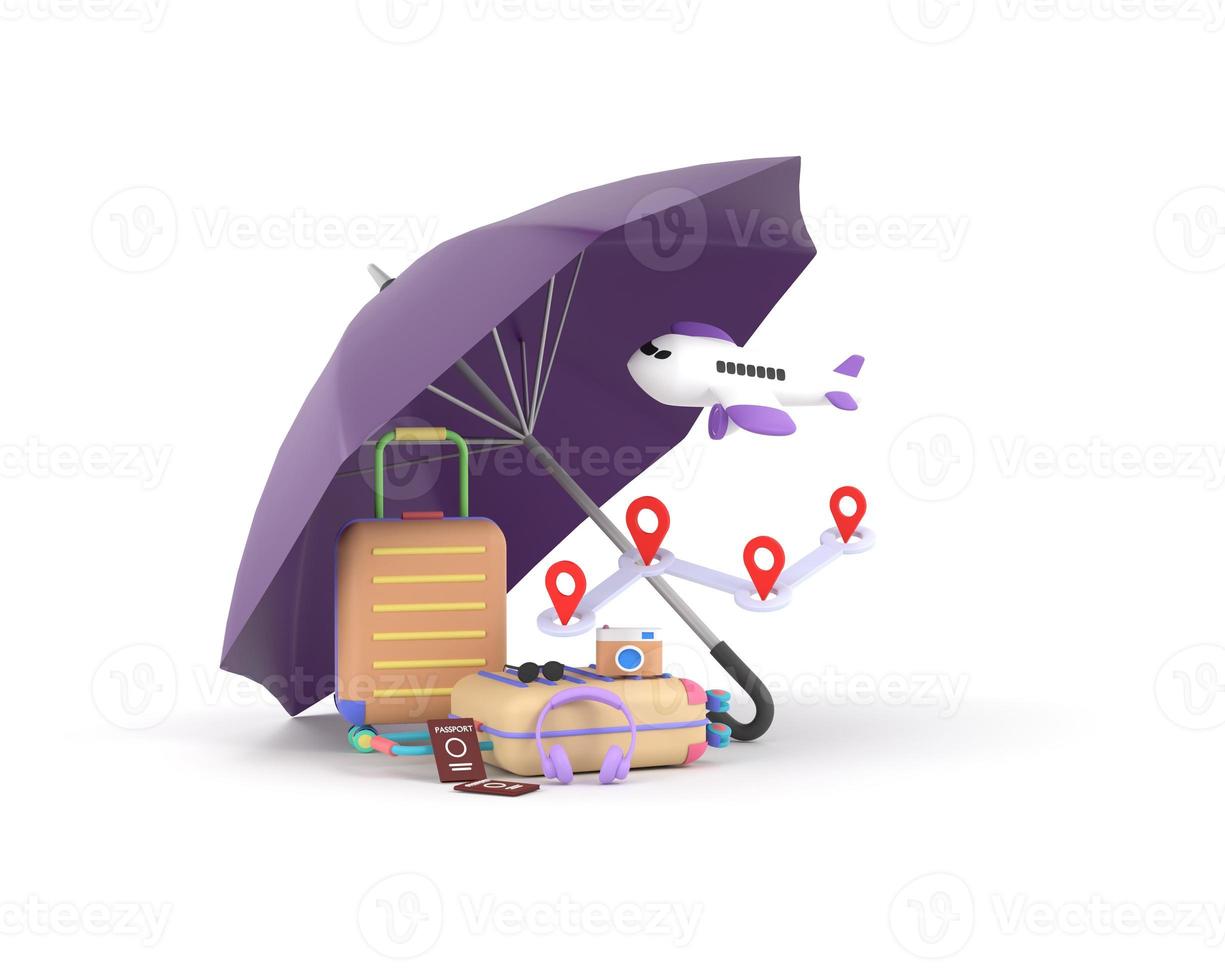 Travel insurance business concept. purple umbrella cover airplane and suitcases. photo