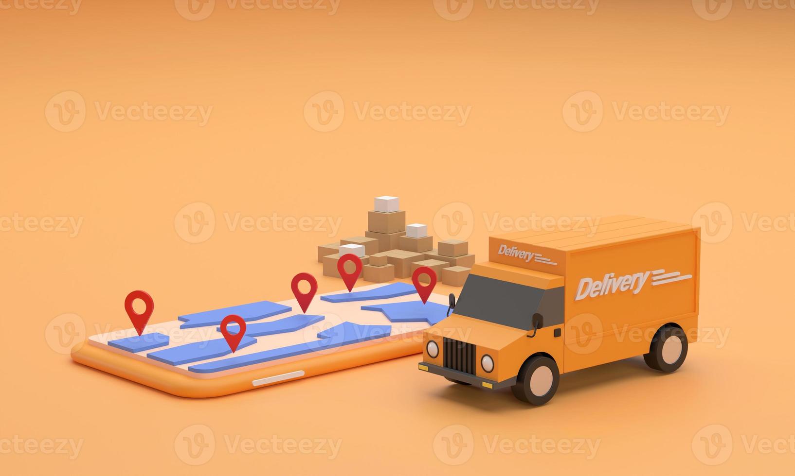 Delivery truck and Mobile showing navigator maps, destination symbols, delivery, online shopping, speed photo
