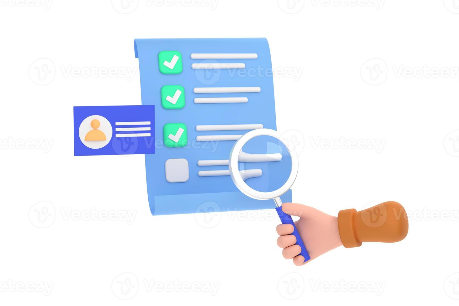 Hand hold magnifying glass with Id card, checklist paper, recruitment staff, human resources, job search, job application photo