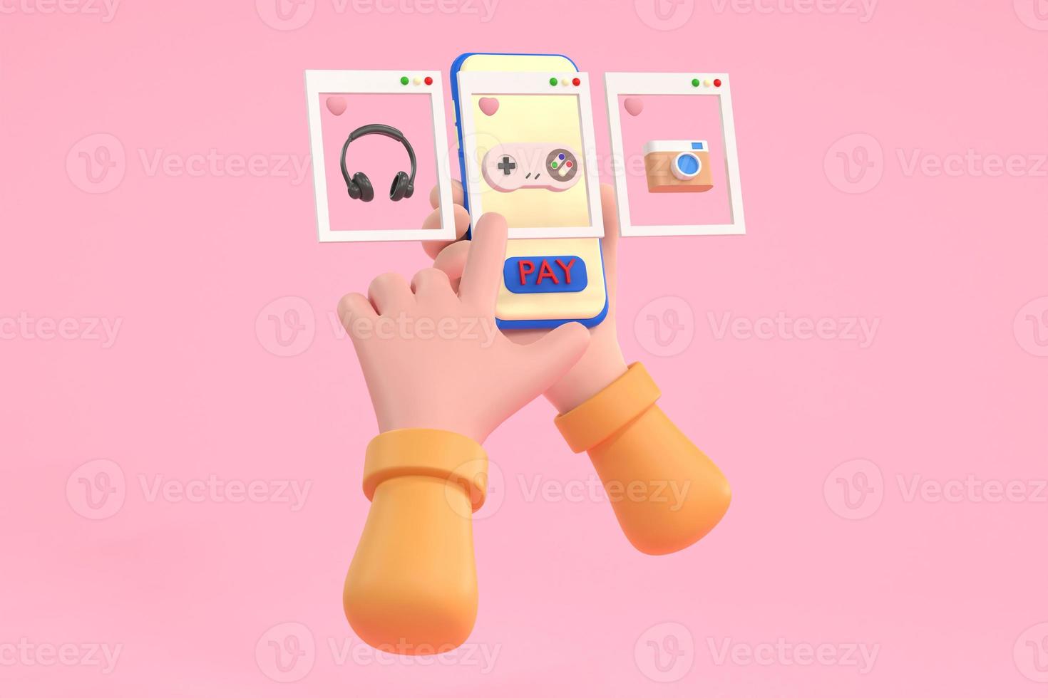 hand hold mobile screens Shopping app flat design template for mobile apps. Shopping online concept. photo