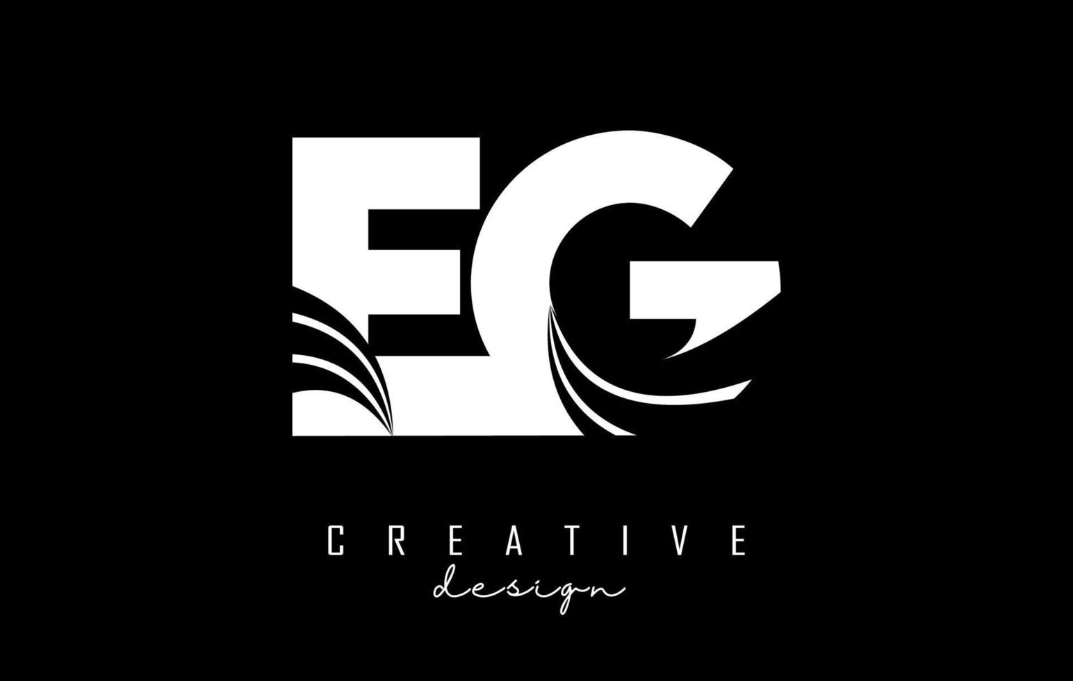 Creative white letters EG e g logo with leading lines and road concept design. Letters with geometric design. vector