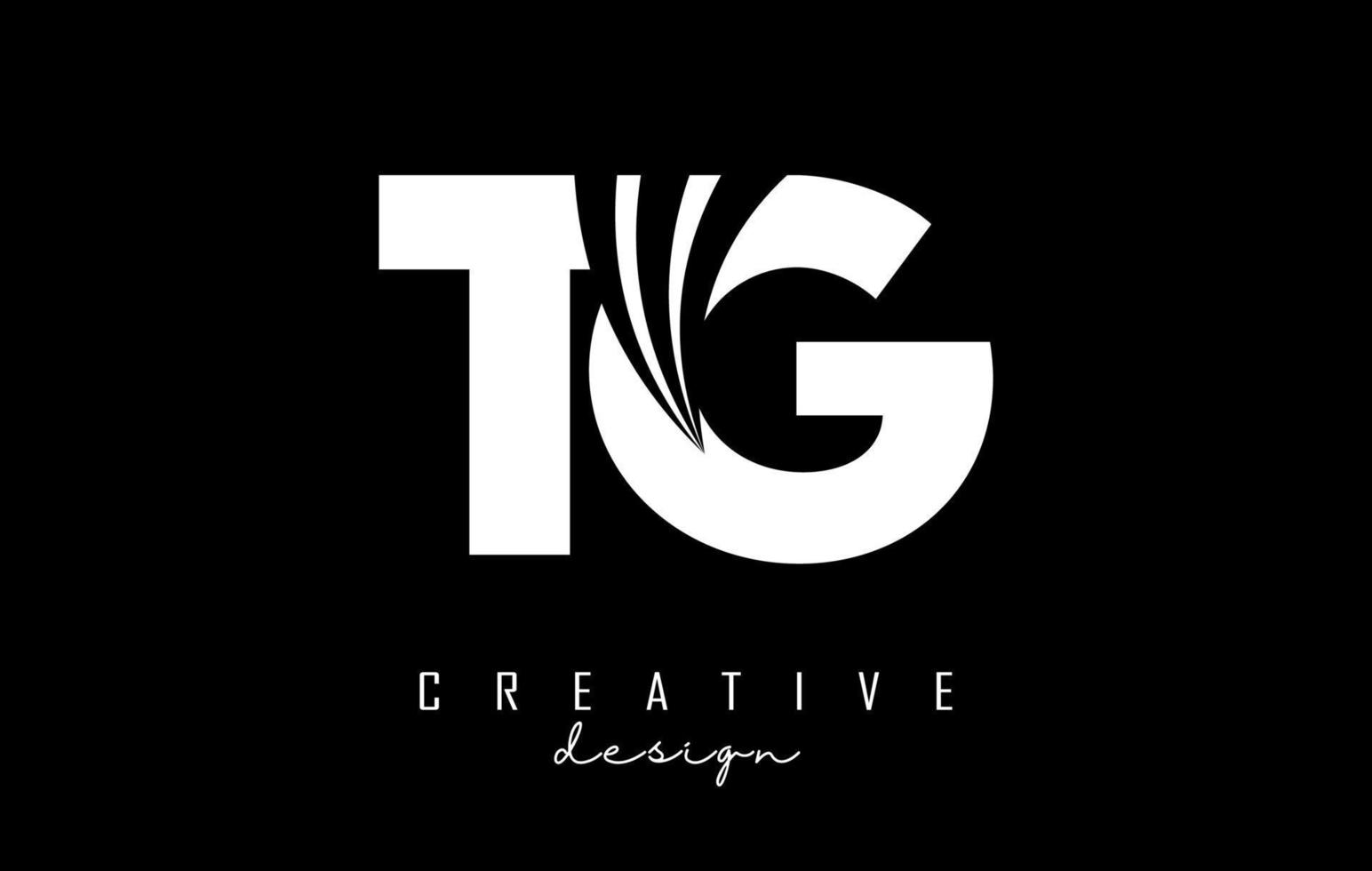 Creative white letters TG t g logo with leading lines and road concept design. Letters with geometric design. vector