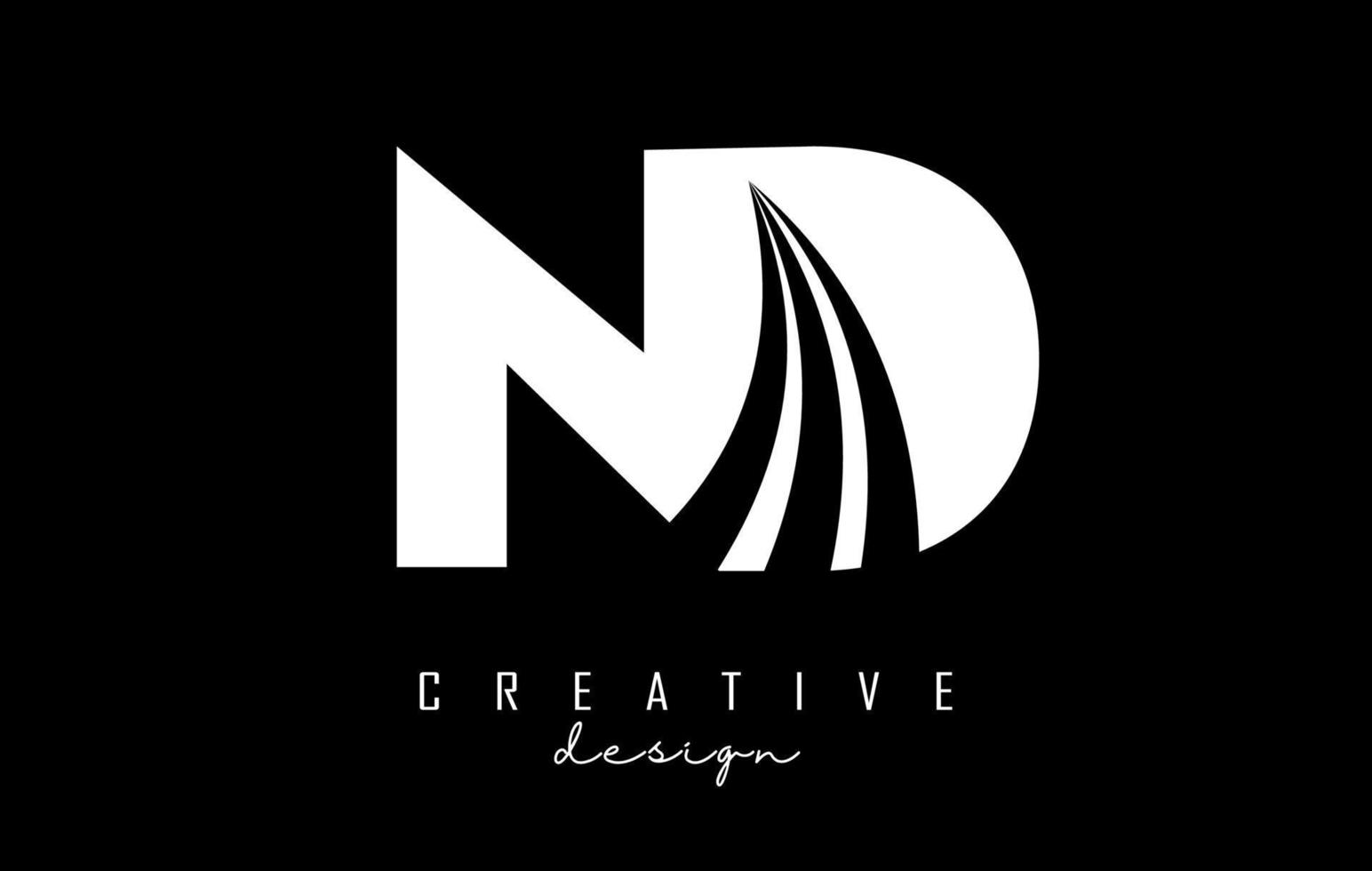 Creative white letters ND n d logo with leading lines and road concept design. Letters with geometric design. vector