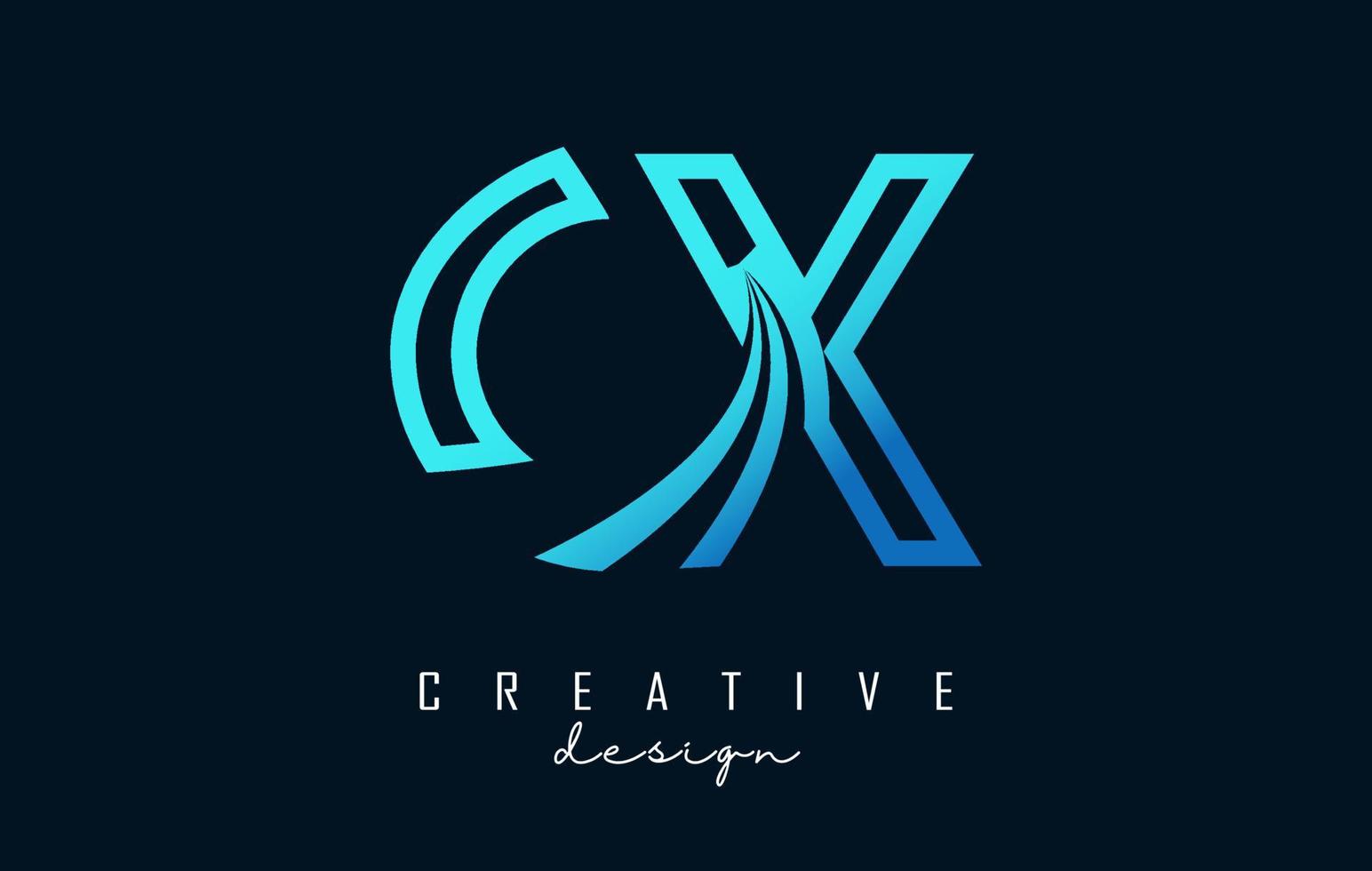 Outline blue letters CX c x logo with leading lines and road concept design. Letters with geometric design. vector