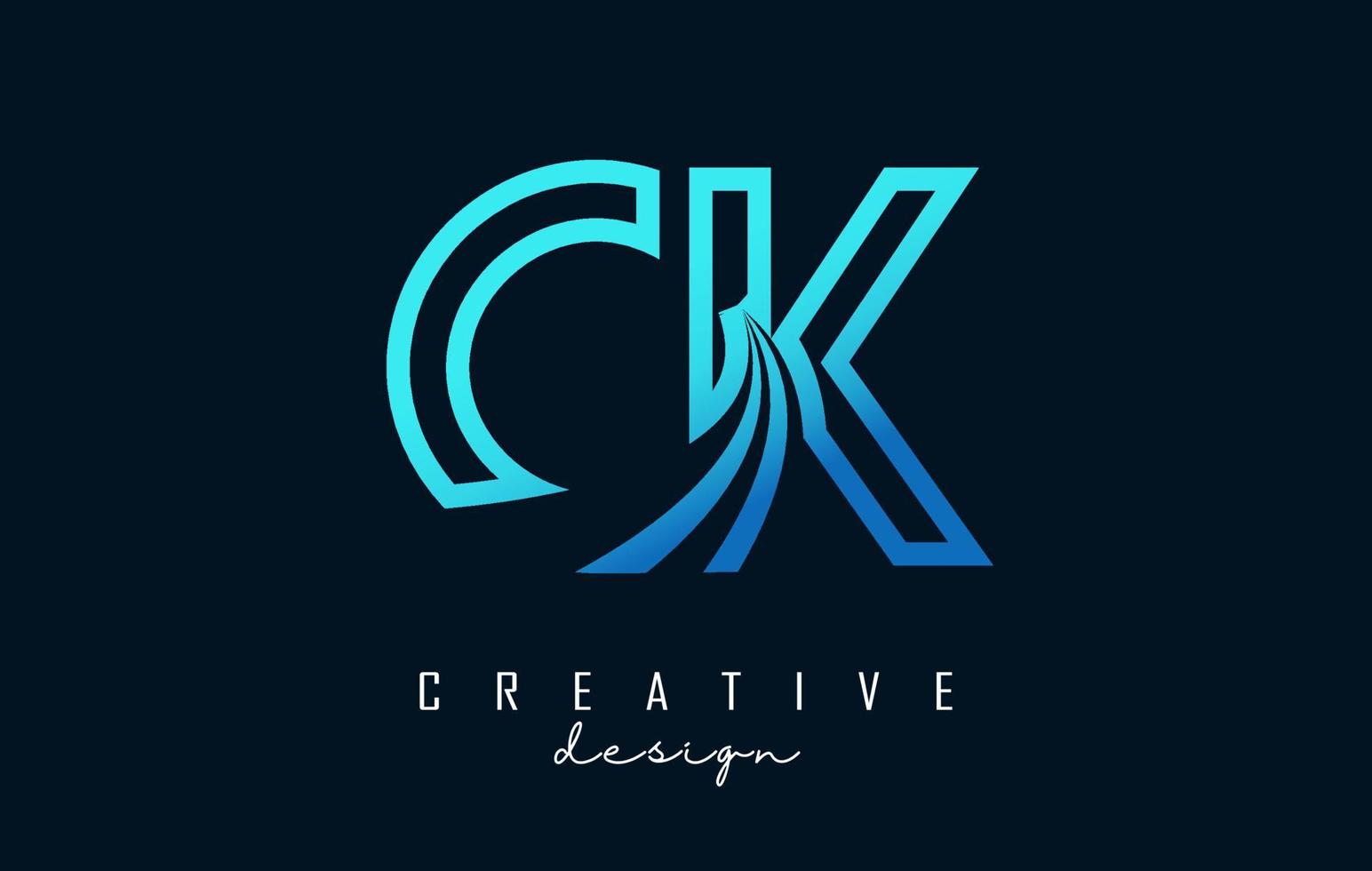 Outline blue letters CK c k logo with leading lines and road concept design. Letters with geometric design. vector