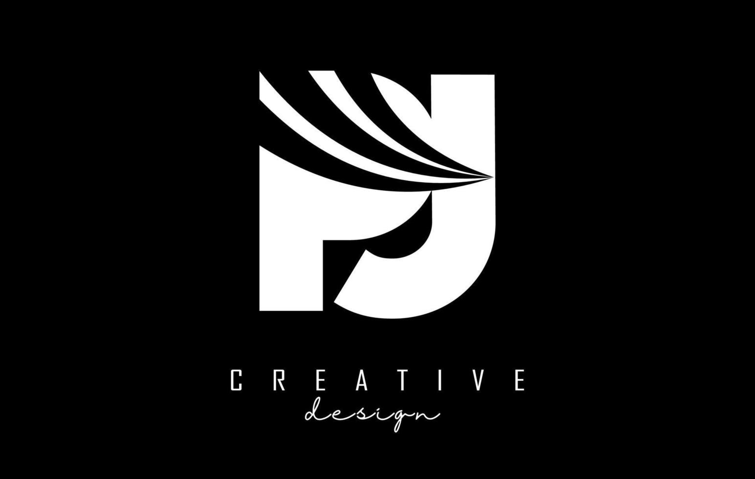 Creative white letters Pj p j logo with leading lines and road concept design. Letters with geometric design. vector