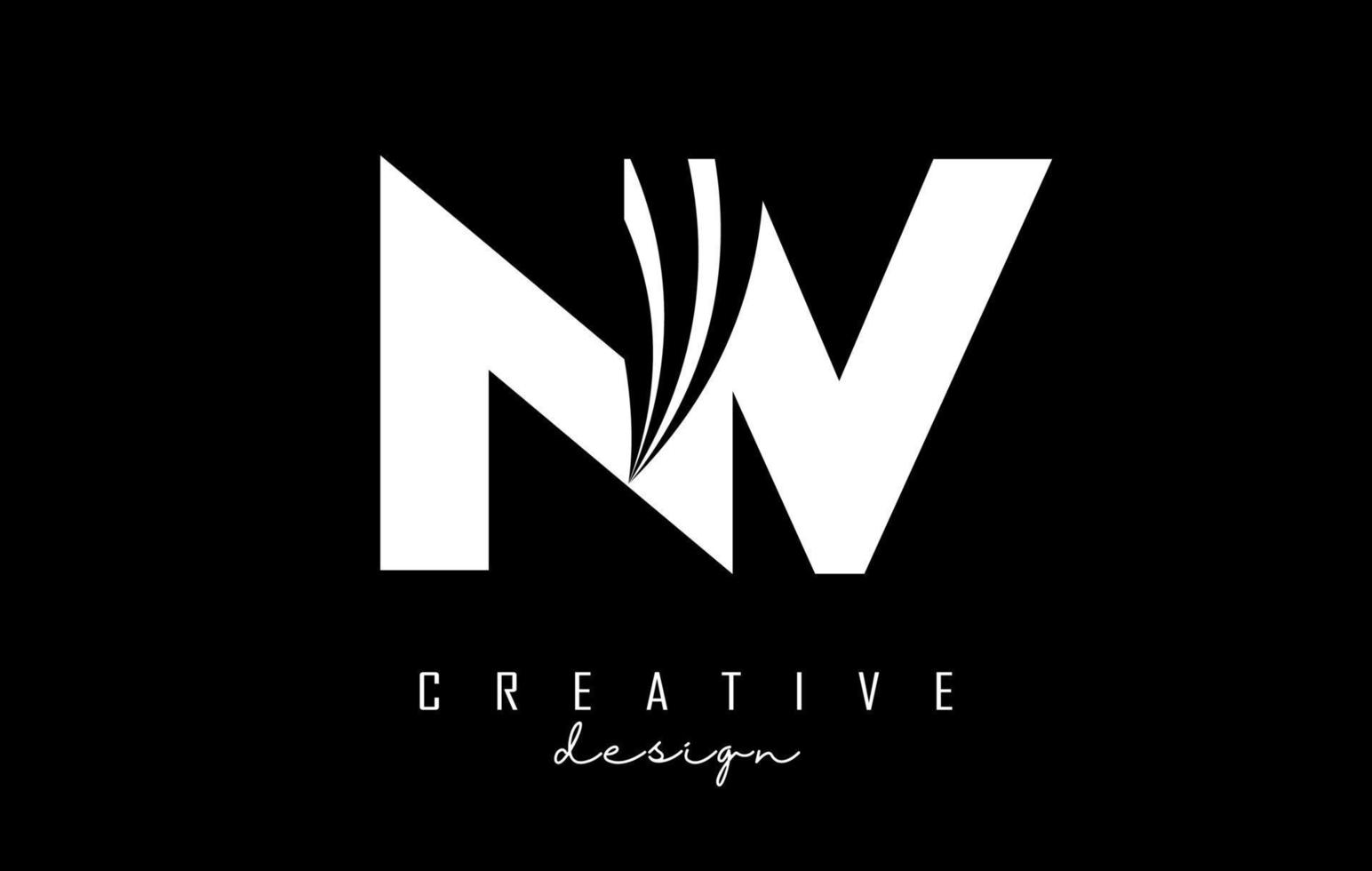 Creative white letters NV n v logo with leading lines and road concept design. Letters with geometric design. vector