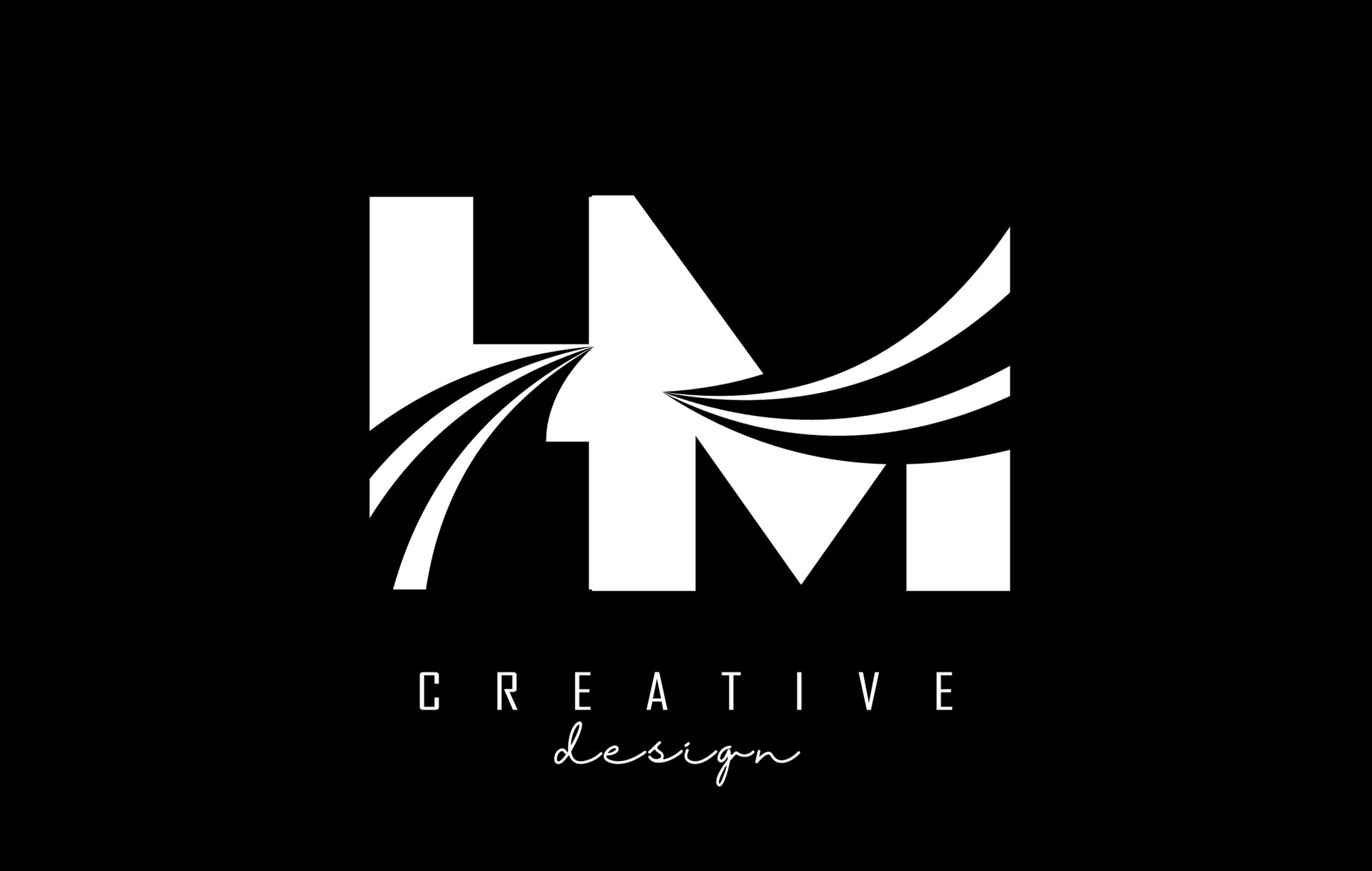 Creative white letters HM h m logo with leading lines and road concept