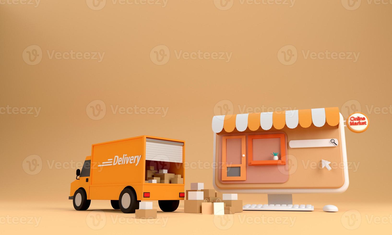 E-commerce concept, Shopping online and delivery service on computer application, Transportation high-speed delivery by truck, photo
