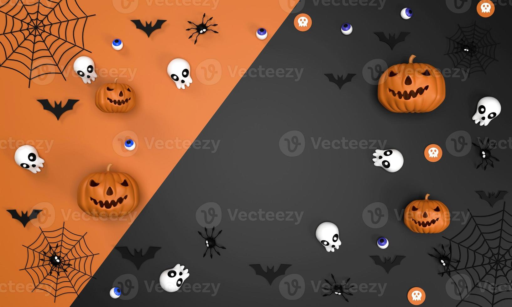 Halloween festival background on orange and black color background Ghost Pumpkin, bats, eyeballs, spiders, ghost coins, cobweb and skull photo