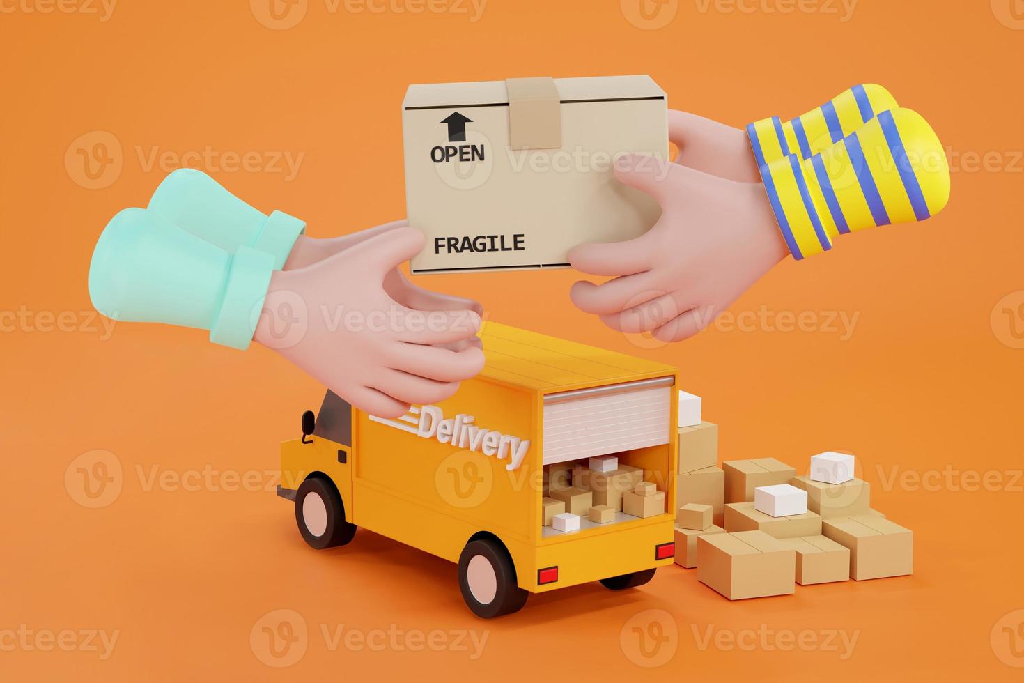 Cartoon hand accepting a delivery of boxes from deliveryman. photo