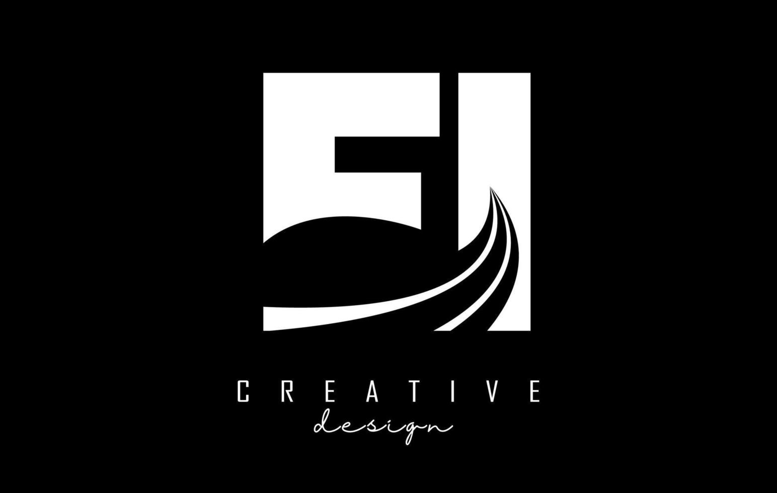 Creative white letters EI e I logo with leading lines and road concept