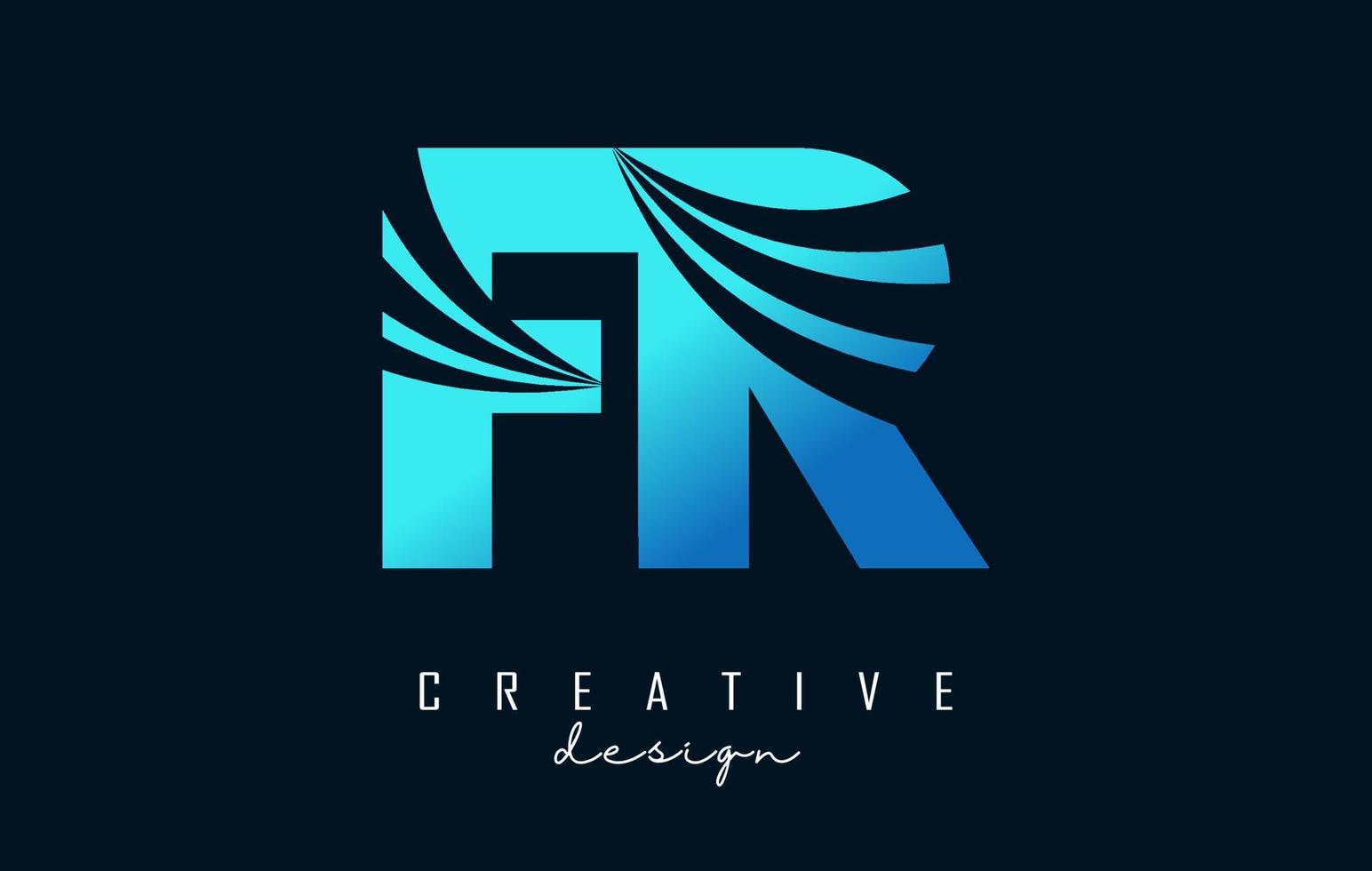 Creative blue letters FR f r logo with leading lines and road concept design. Letters with geometric design. vector