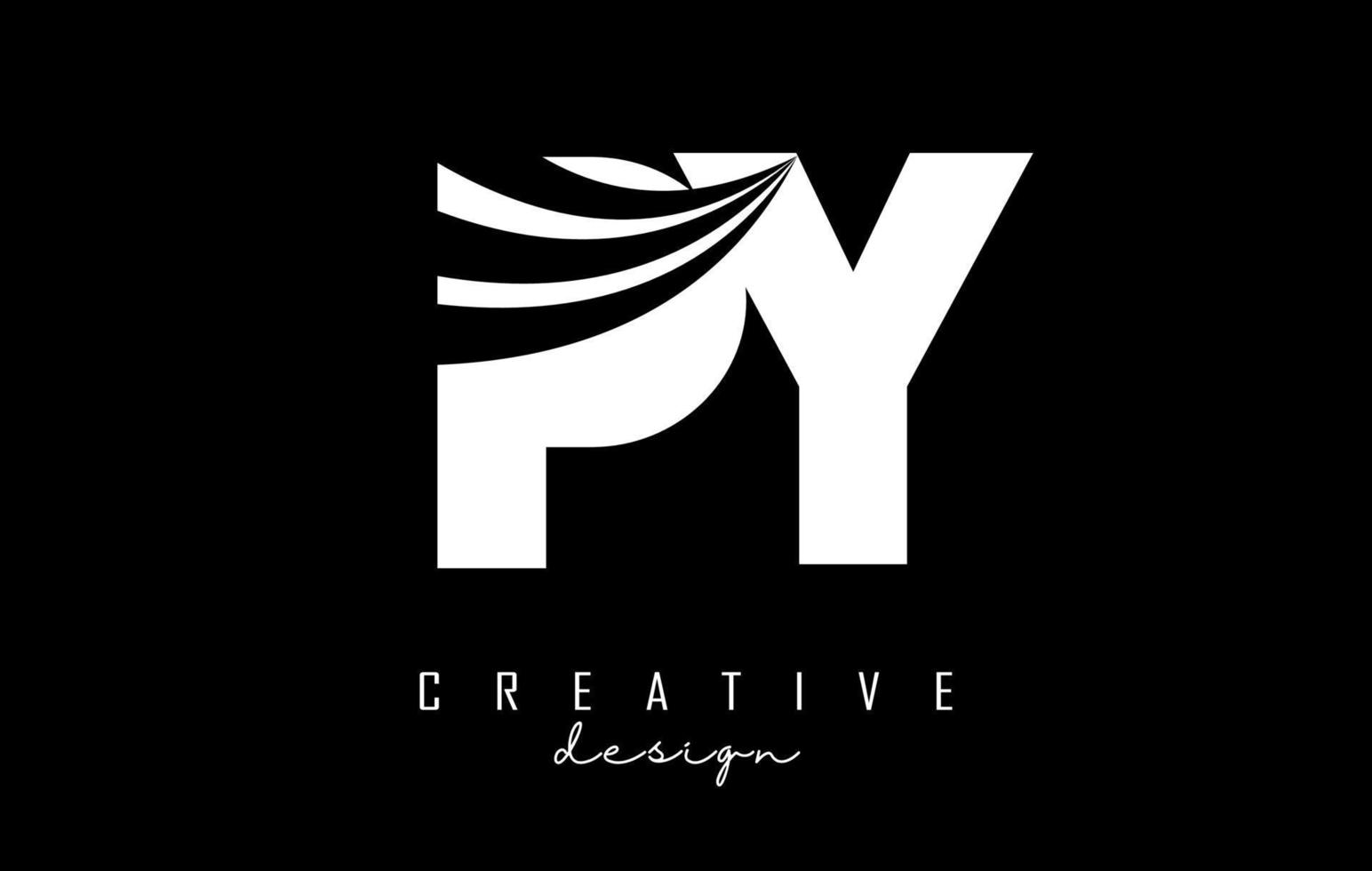 Creative white letters PY p y logo with leading lines and road concept design. Letters with geometric design. vector