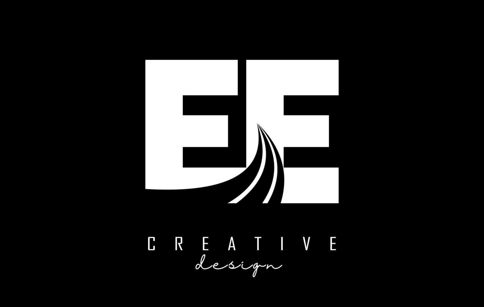 Creative white letters EE e logo with leading lines and road concept design. Letters with geometric design. vector