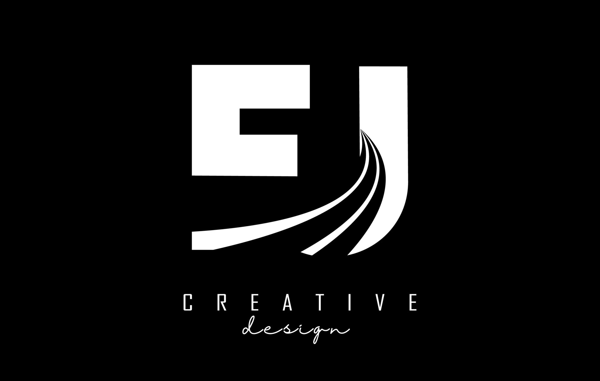 Creative white letters EJ e j logo with leading lines and road concept ...