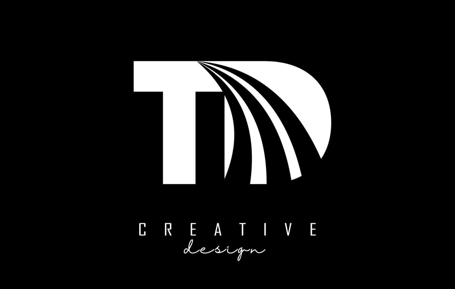 Creative white letters TD t d logo with leading lines and road concept design. Letters with geometric design. vector