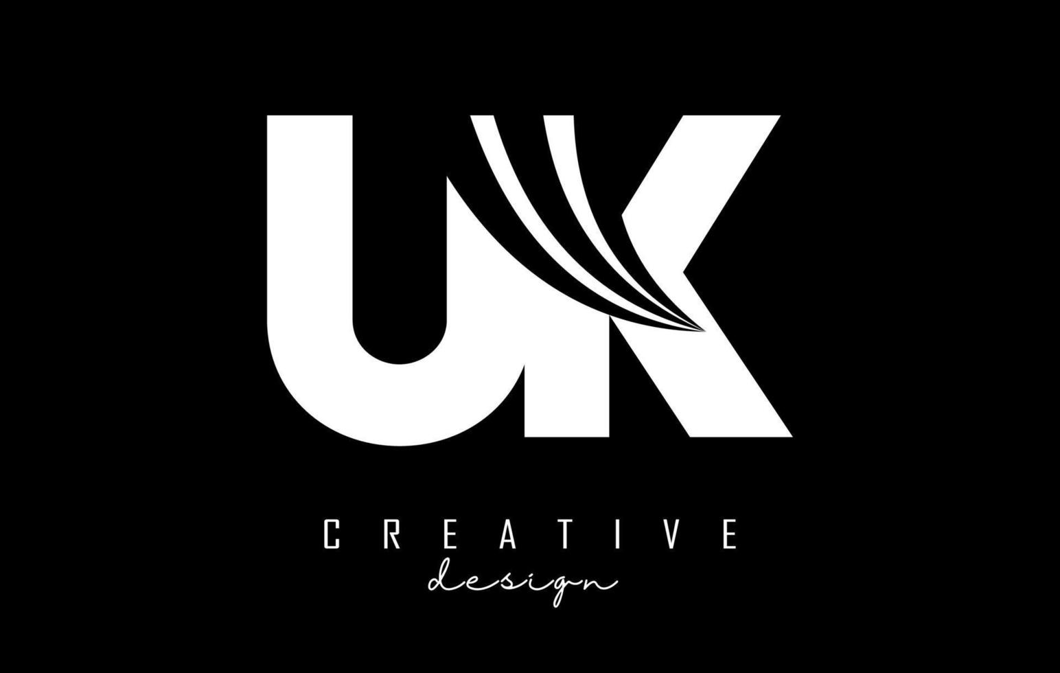 Creative white letters UK u k logo with leading lines and road concept design. Letters with geometric design. vector