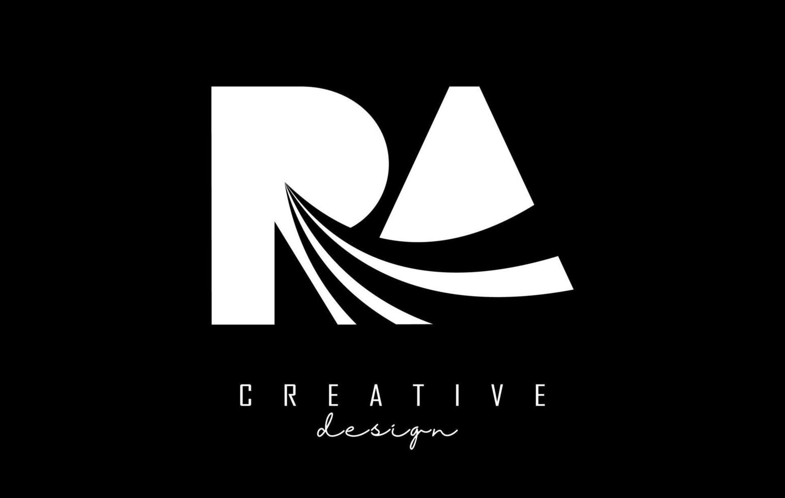 Logotipo creativo de letras blancas ra ra con líneas principales y diseño de concepto de carretera. letras con diseño geométrico. vector