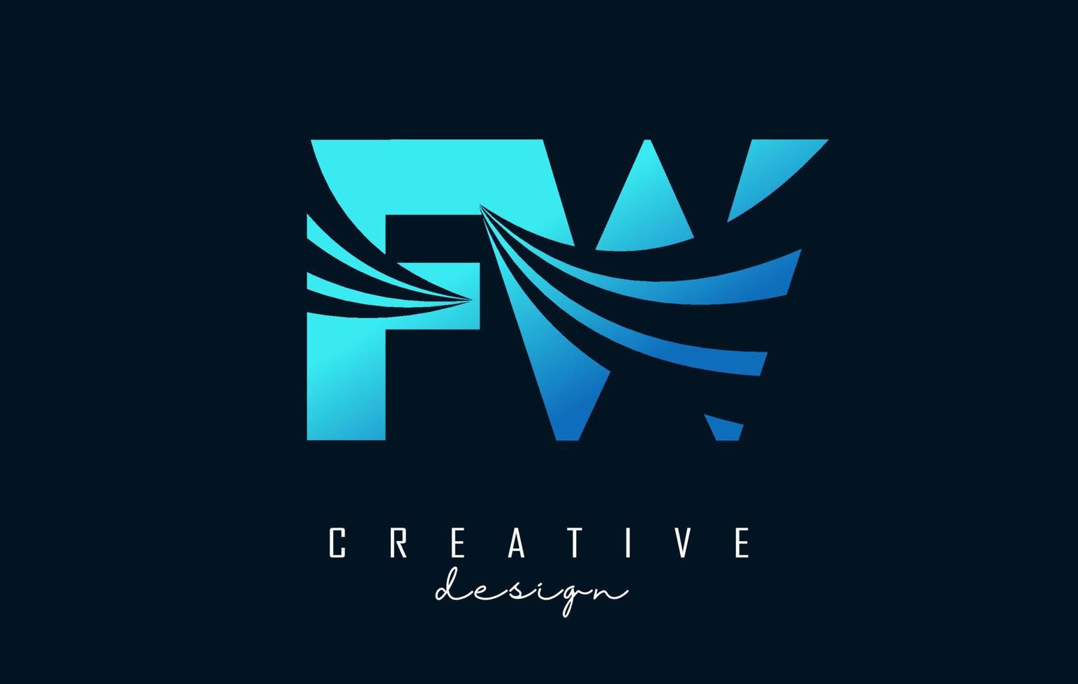 Creative blue letters FW f w logo with leading lines and road concept design. Letters with geometric design. vector