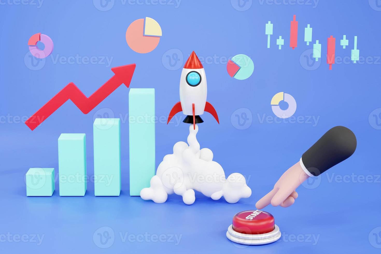 Cartoon hand presses the button and launches a rocket or spacecraft, the concept of a startup photo