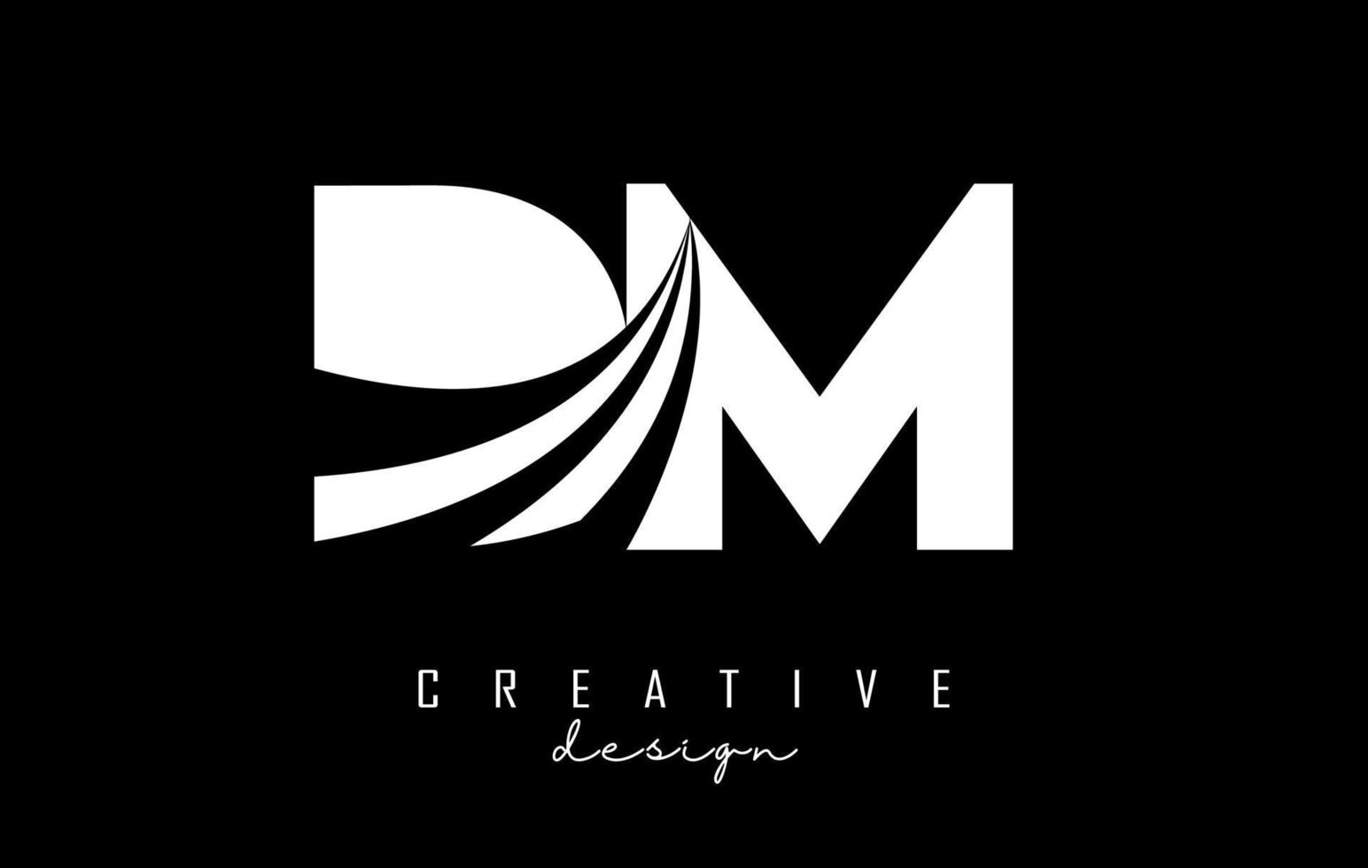 Creative white letters DM d m logo with leading lines and road concept design. Letters with geometric design. vector