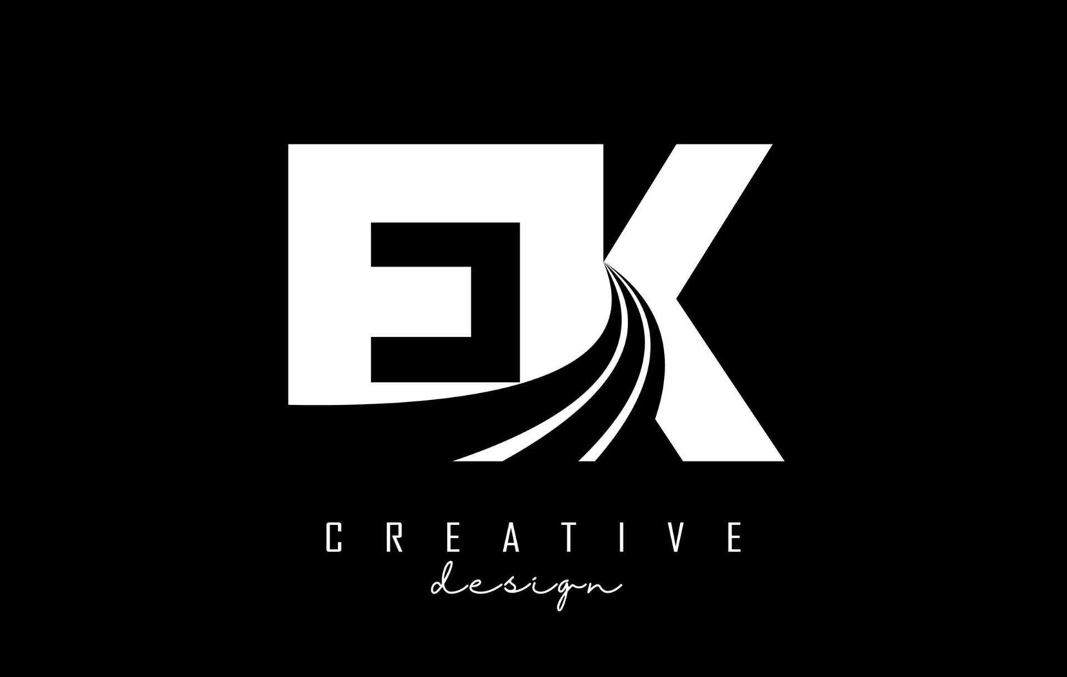 Creative white letters Ek e k logo with leading lines and road concept design. Letters with geometric design. vector