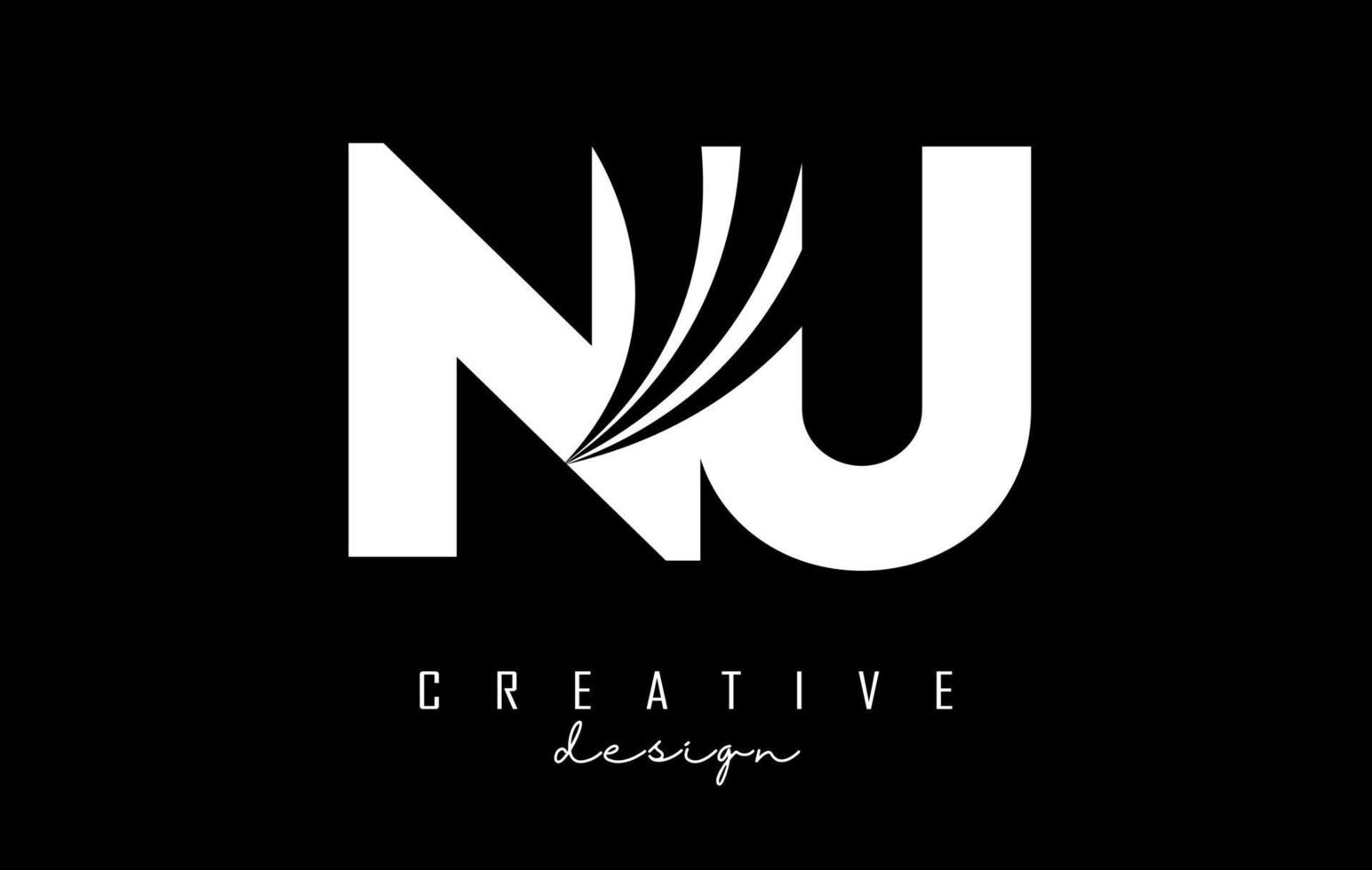 Creative white letters NU n u logo with leading lines and road concept design. Letters with geometric design. vector