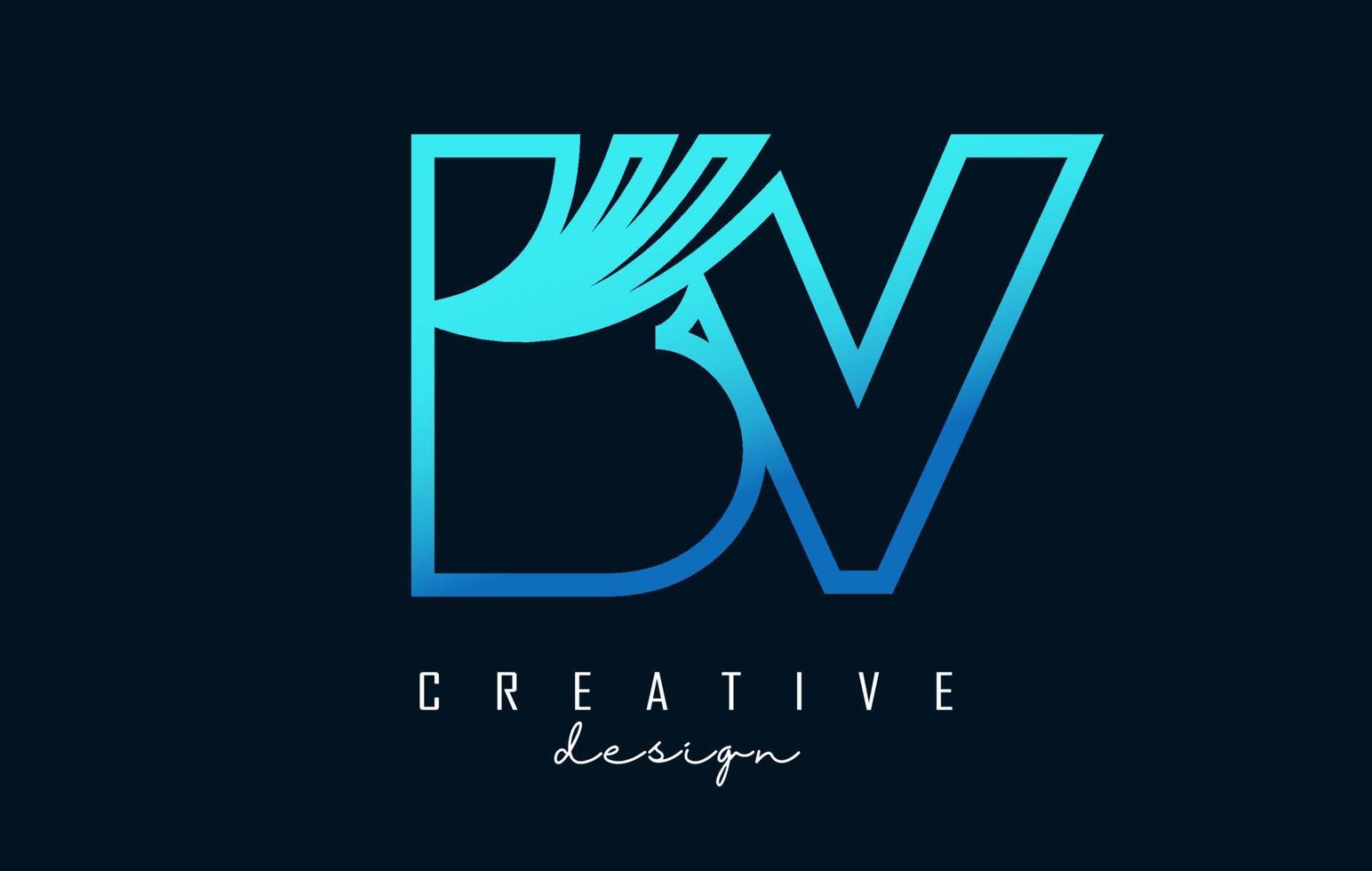 Outline blue letters BV b v logo with leading lines and road concept design. Letters with geometric design. vector