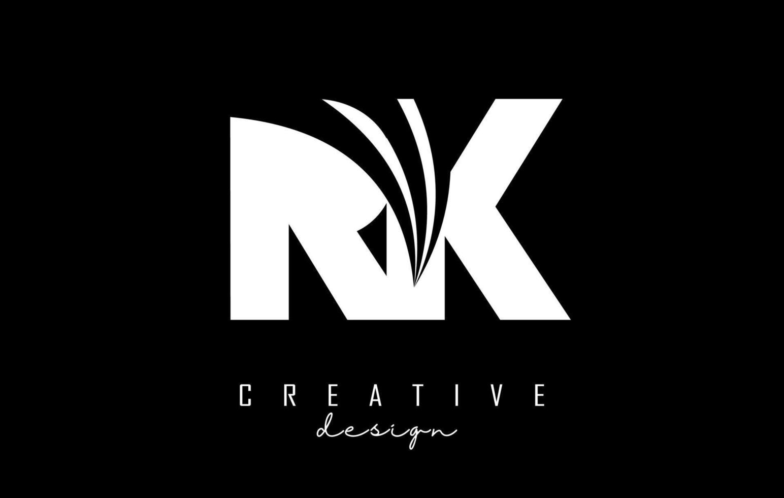 Logotipo creativo de letras blancas rk rk con líneas principales y diseño de concepto de carretera. letras con diseño geométrico. vector