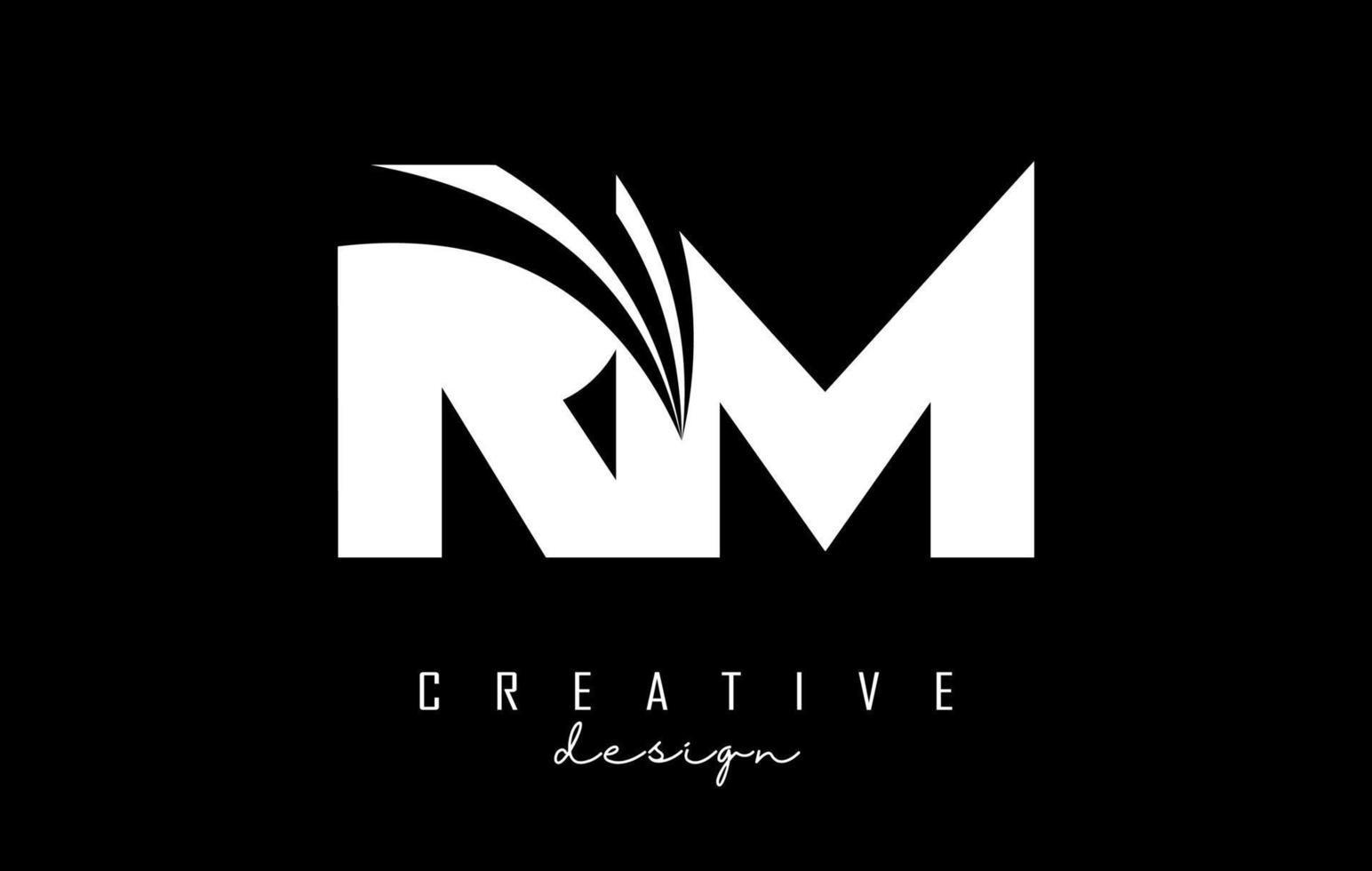 Creative white letters RM R m logo with leading lines and road concept design. Letters with geometric design. vector